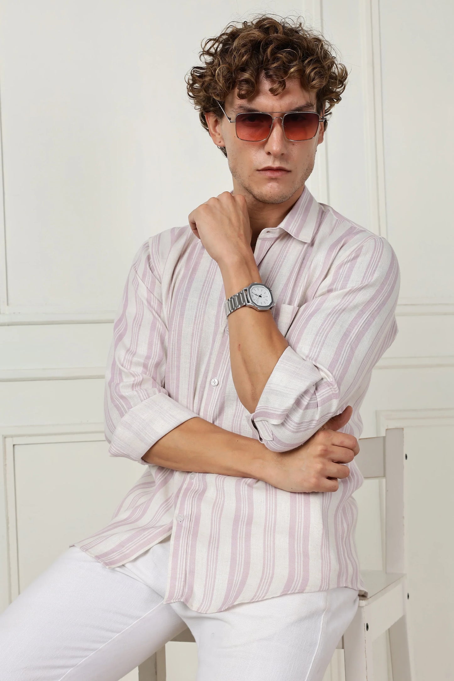 Lavender stripe printed full sleeve linen shirt