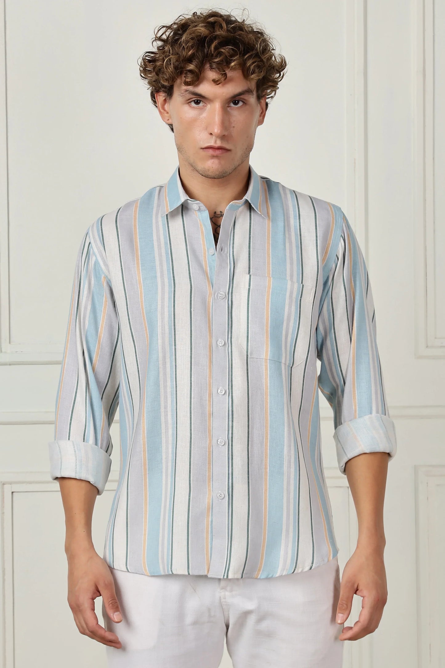 Skyblue stripe printed full sleeve linen shirt
