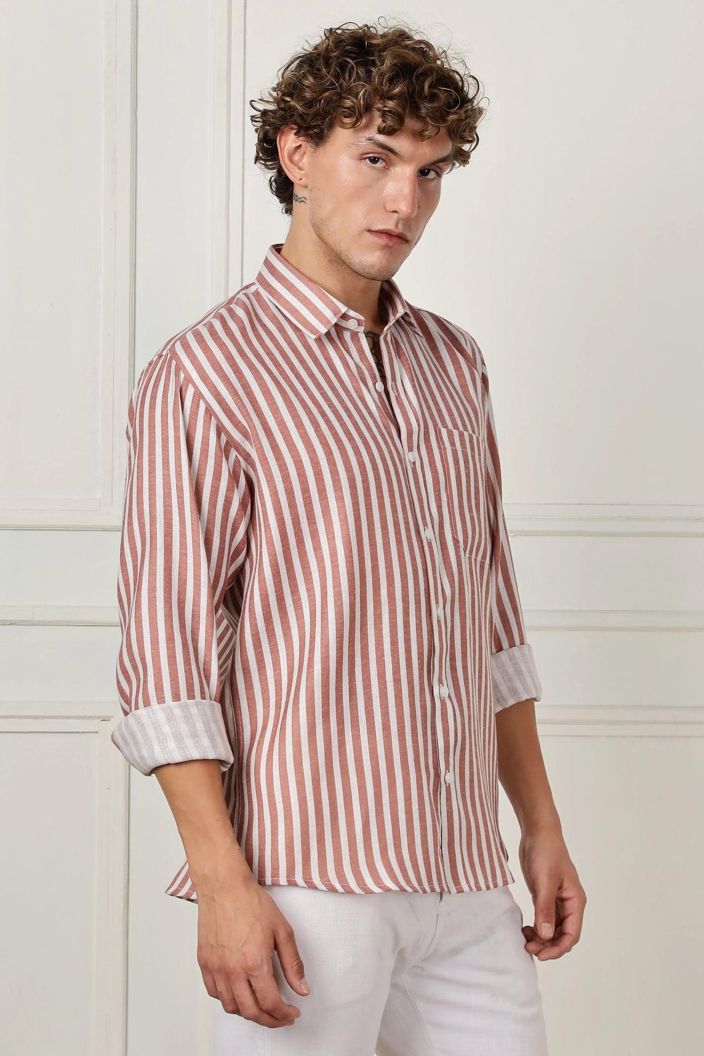 Red stripe printed full sleeve linen shirt