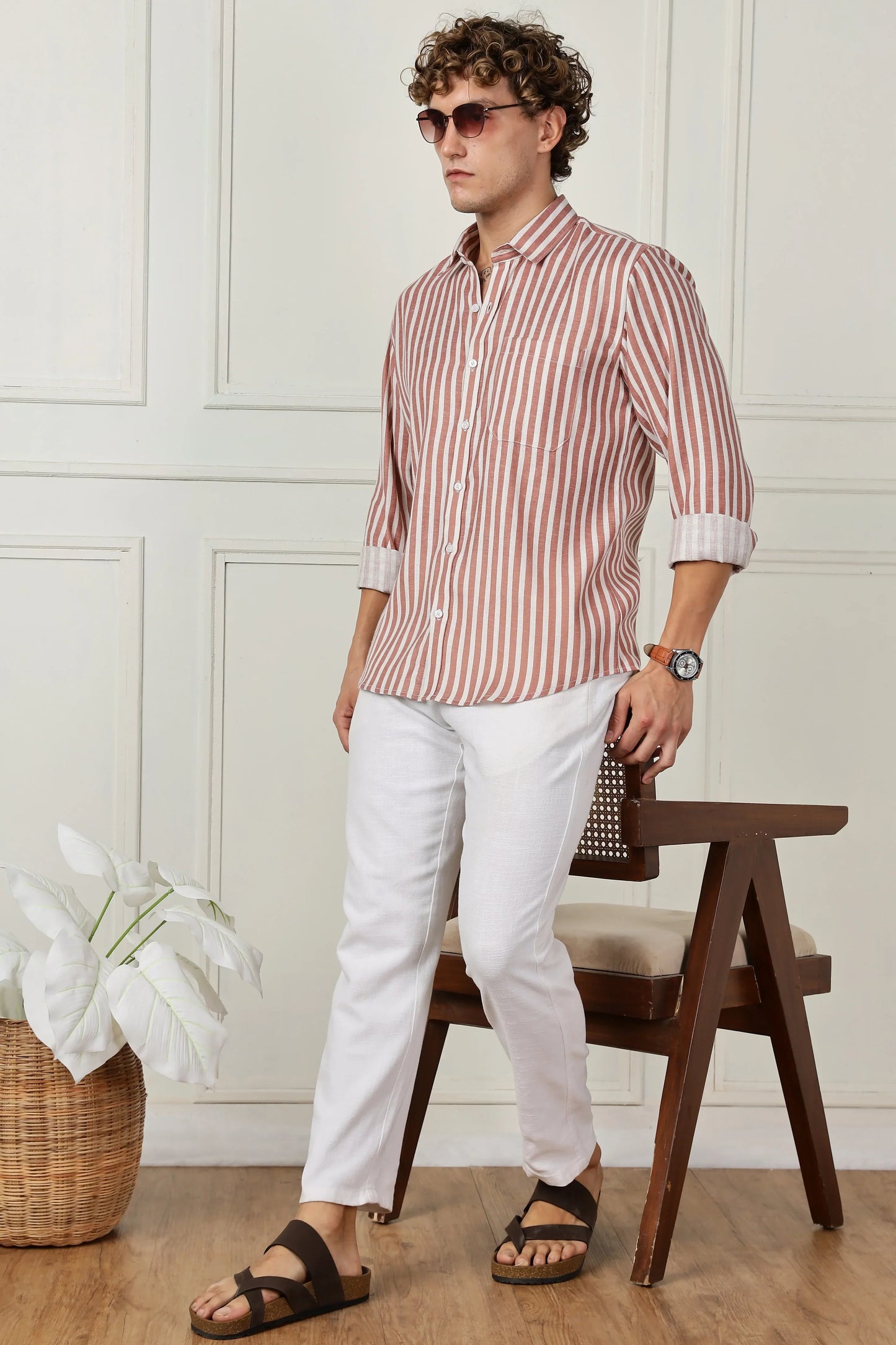 Red stripe printed full sleeve linen shirt