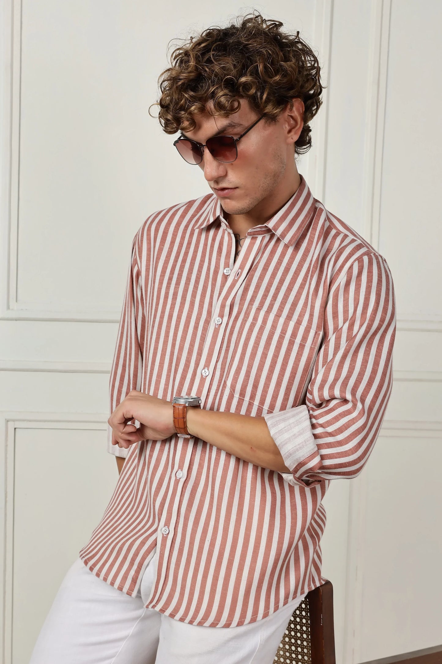 Red stripe printed full sleeve linen shirt