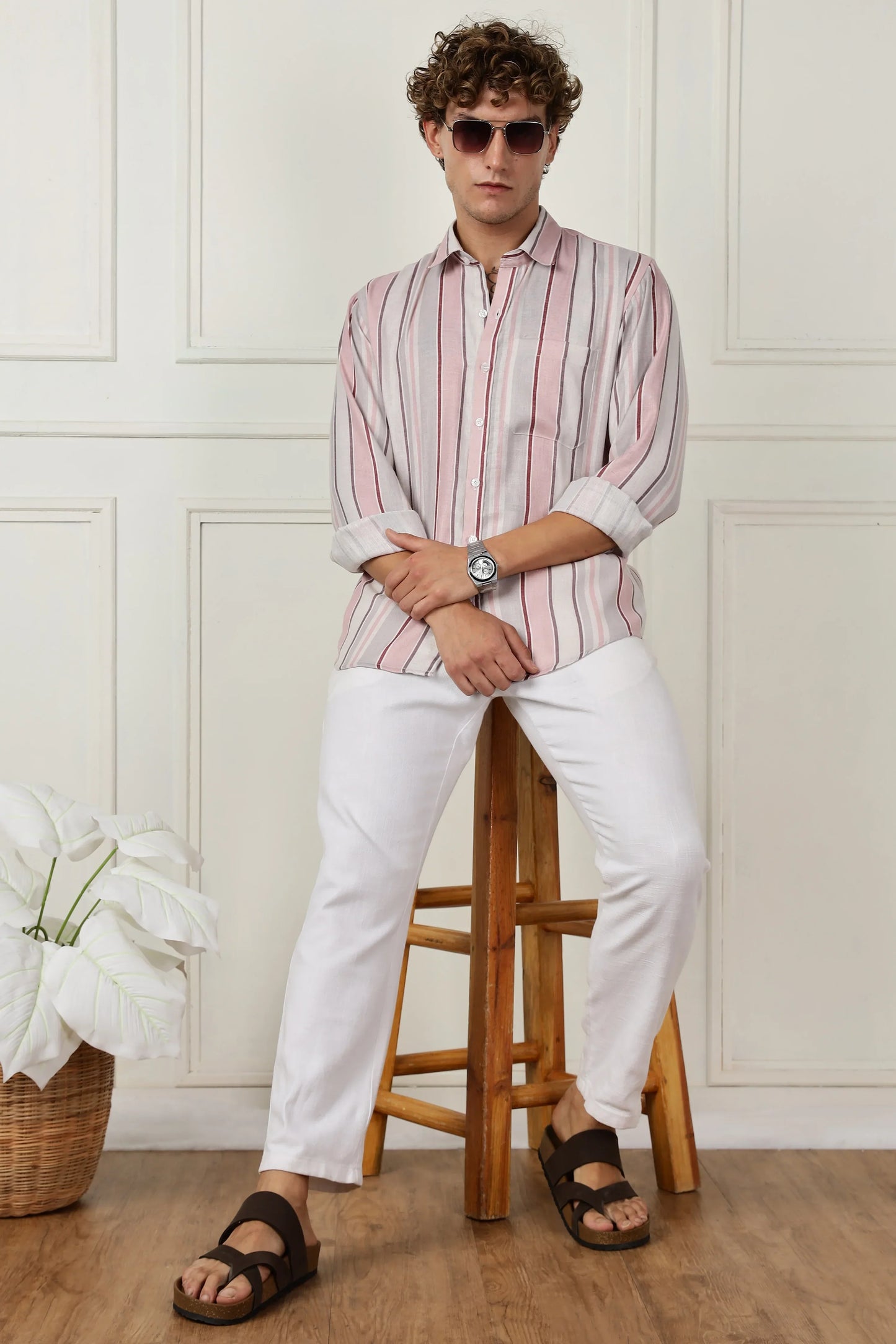Pink stripe printed full sleeve linen shirt