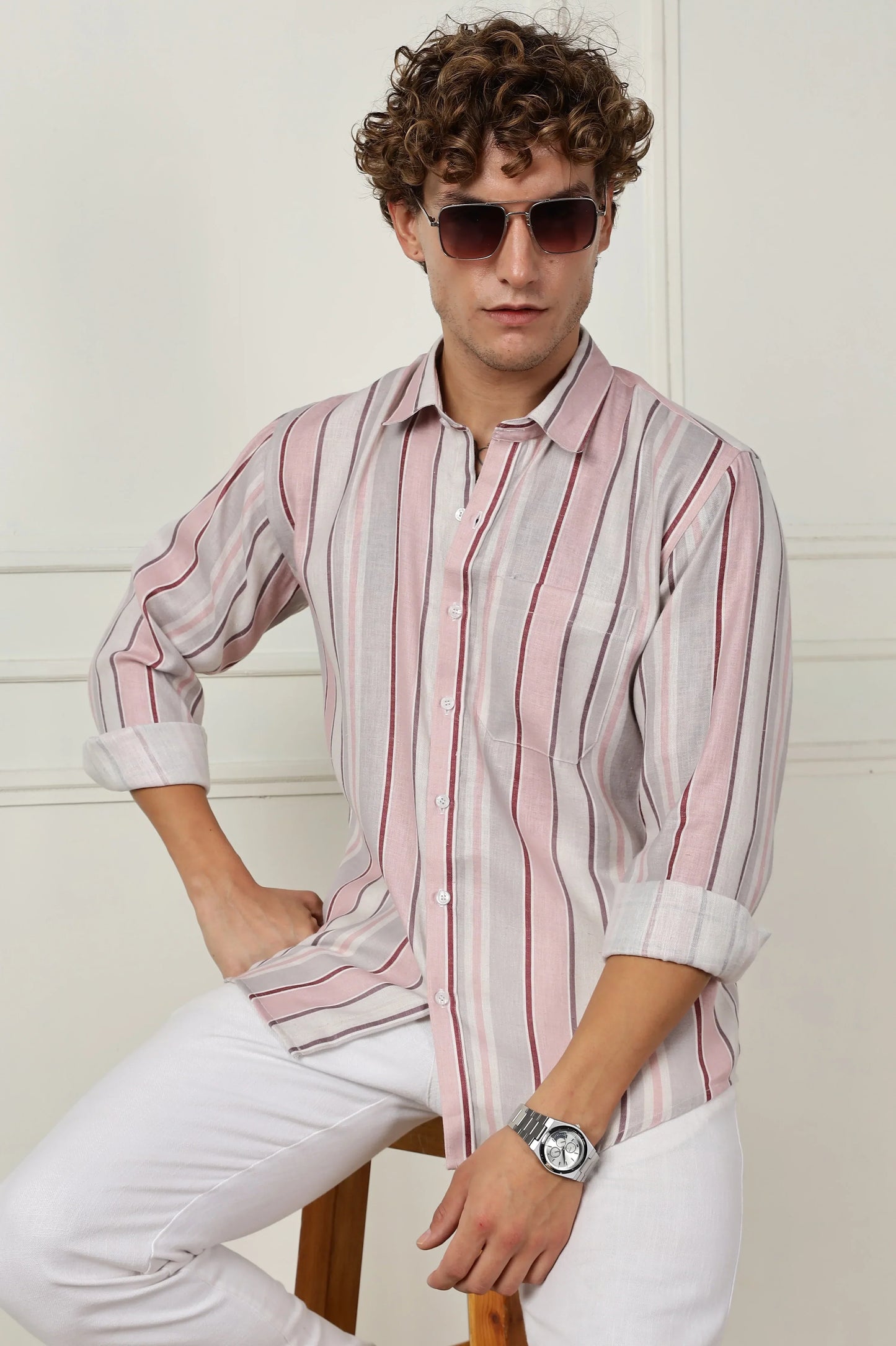 Pink stripe printed full sleeve linen shirt