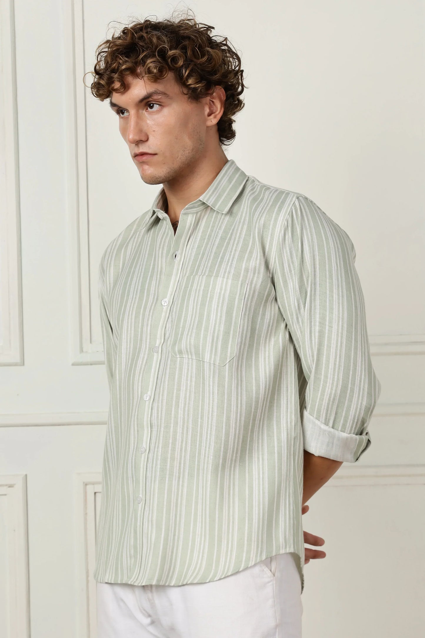 parrot green stripe printed full sleeve linen shirt