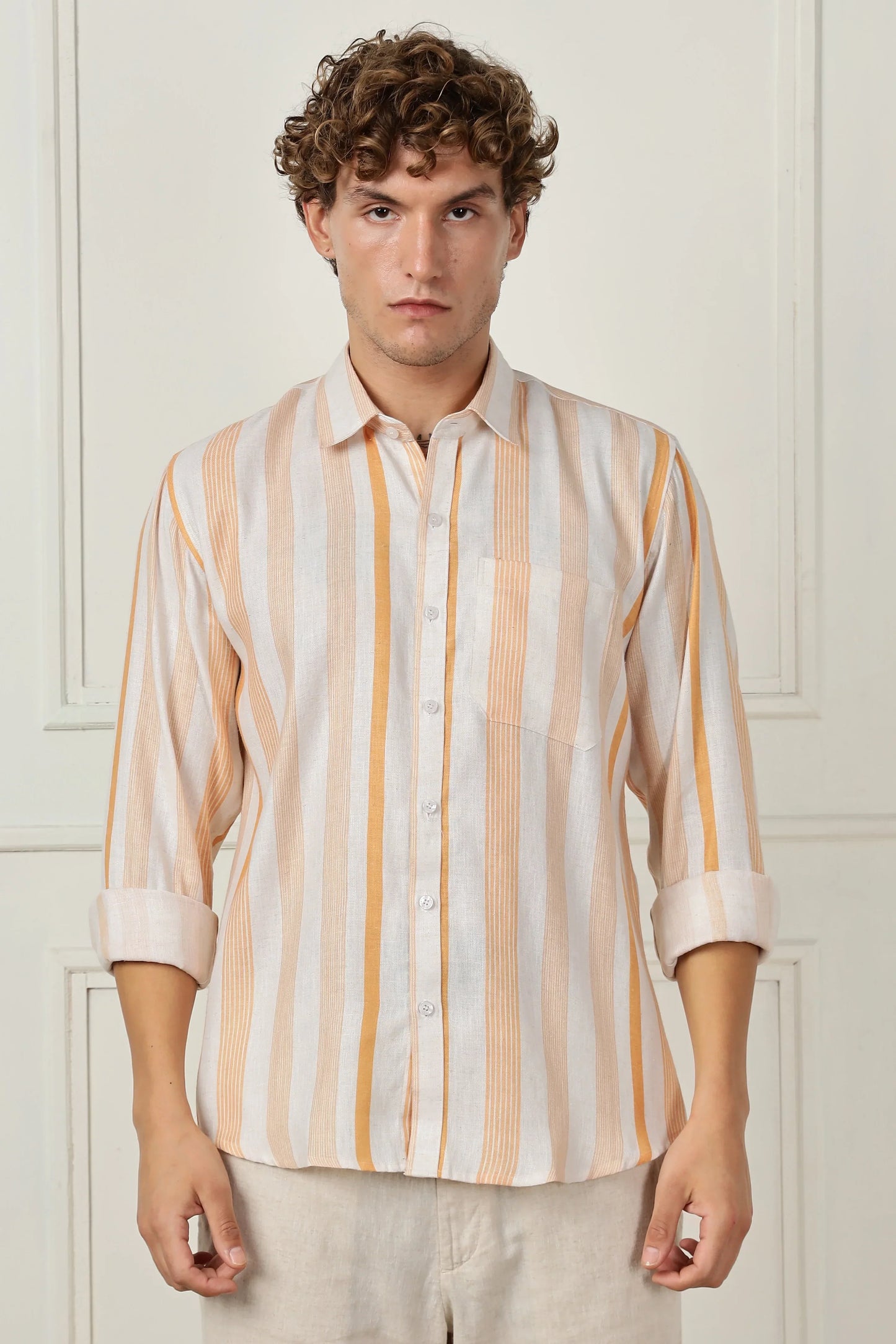 Orange stripe printed full sleeve linen shirt