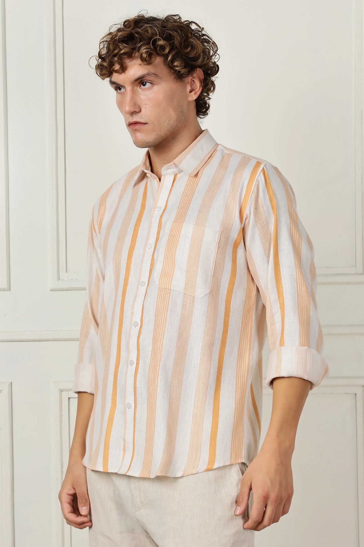 Orange stripe printed full sleeve linen shirt