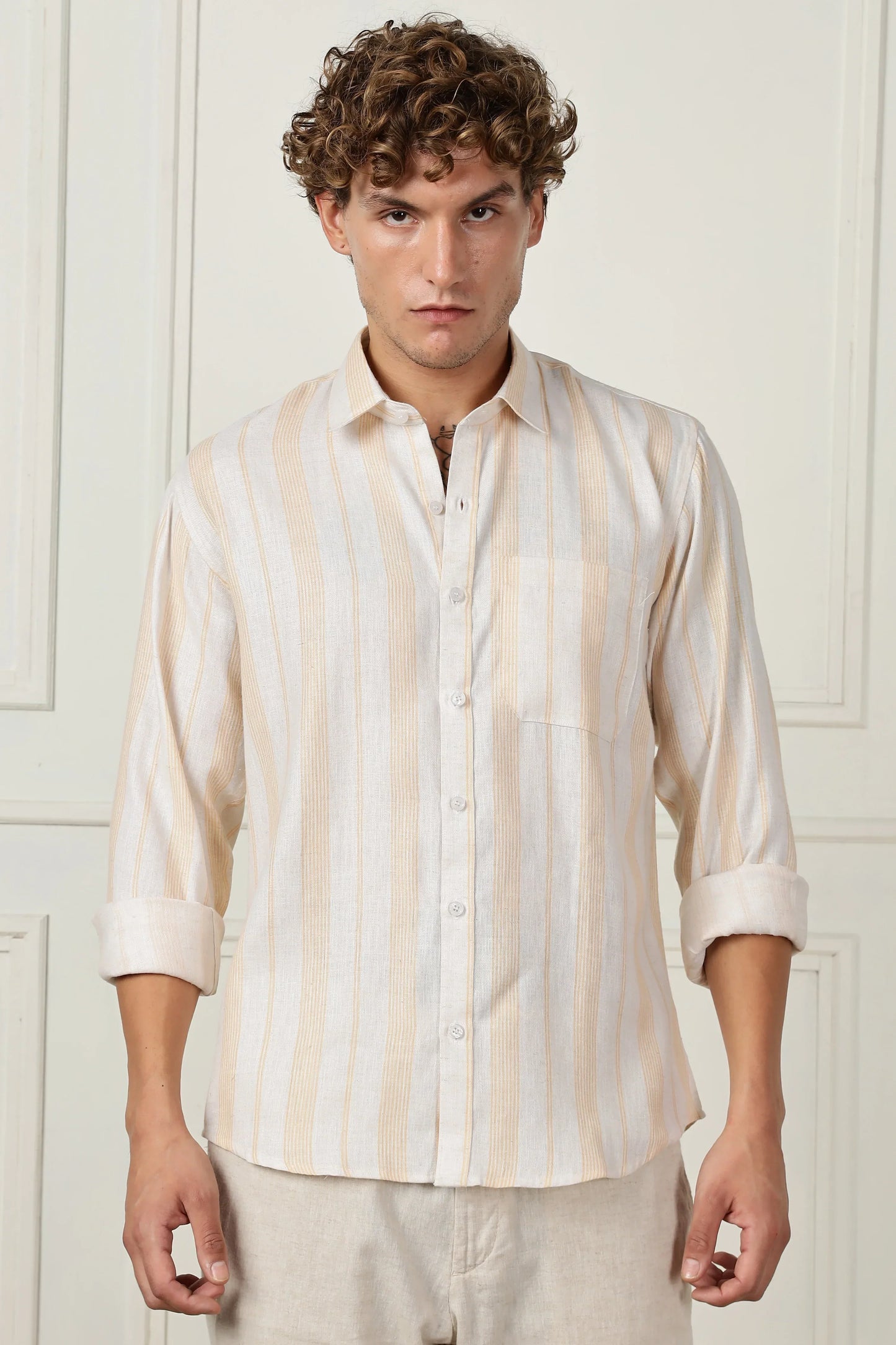 Light yellow stripe printed full sleeve linen shirt