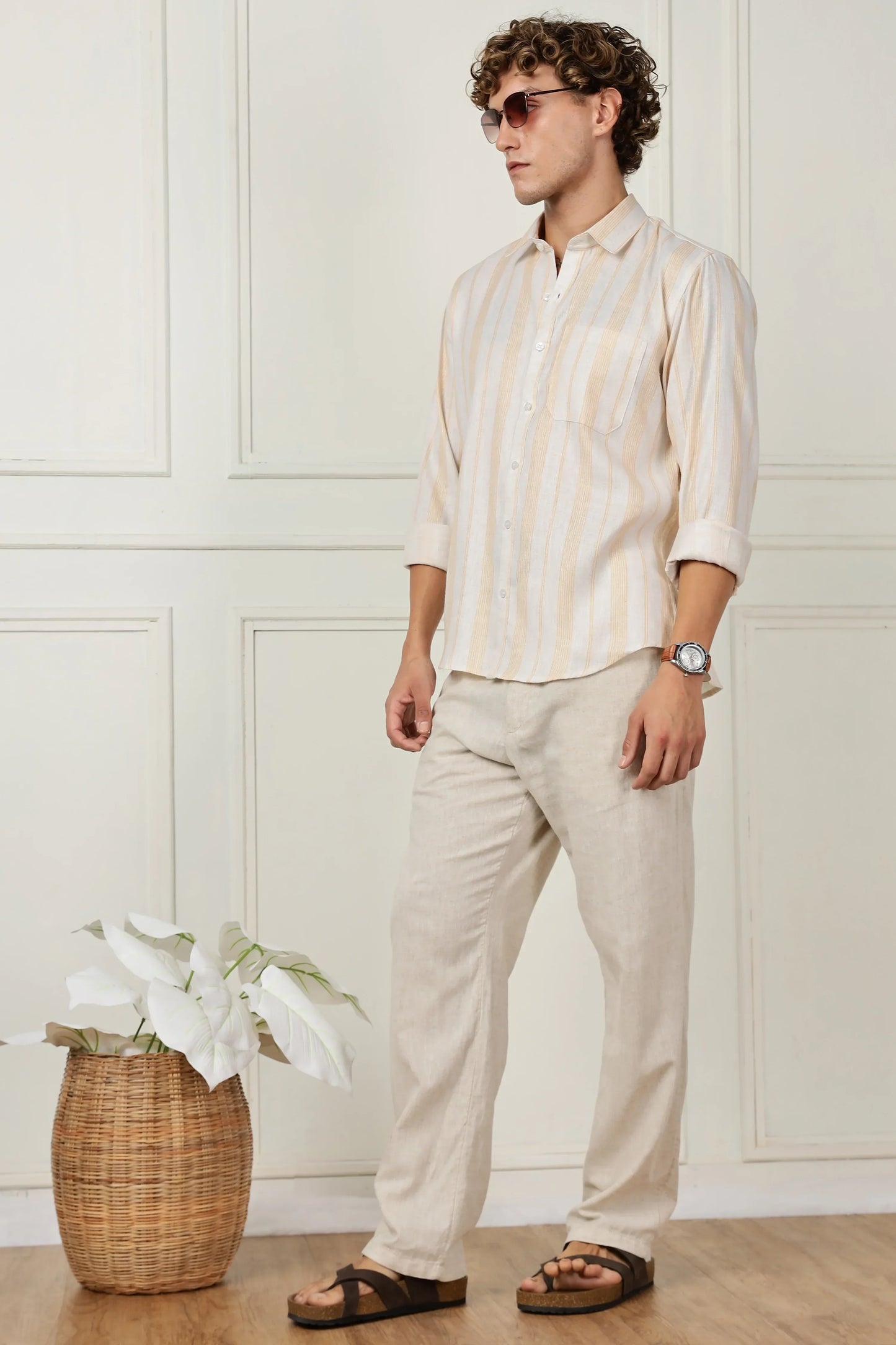Light yellow stripe printed full sleeve linen shirt