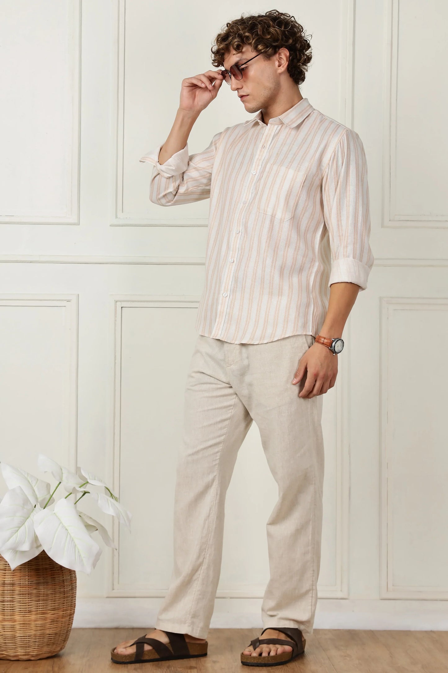 Orange stripe printed full sleeve linen shirt