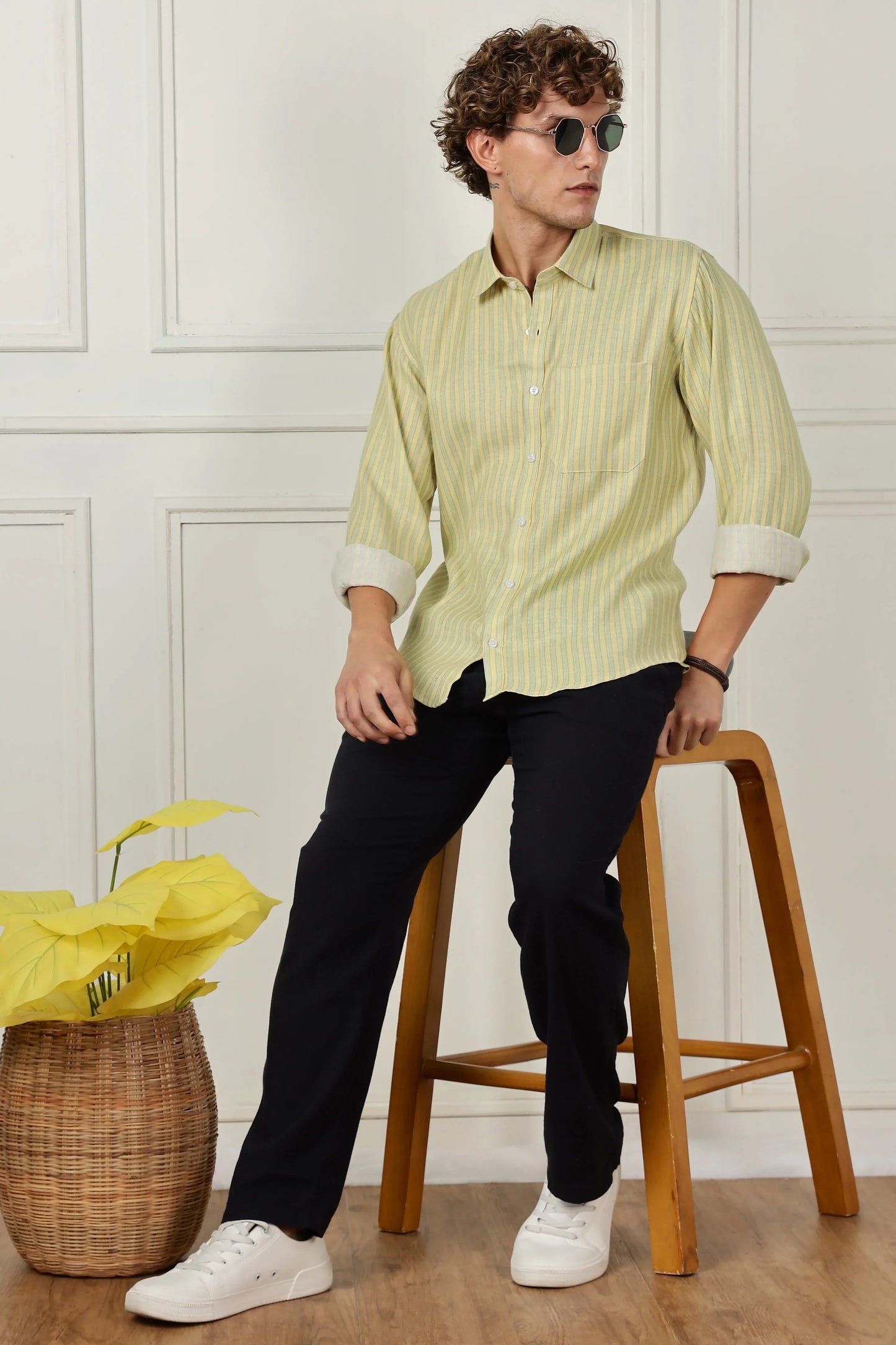 Mustard stripe printed full sleeve linen shirt