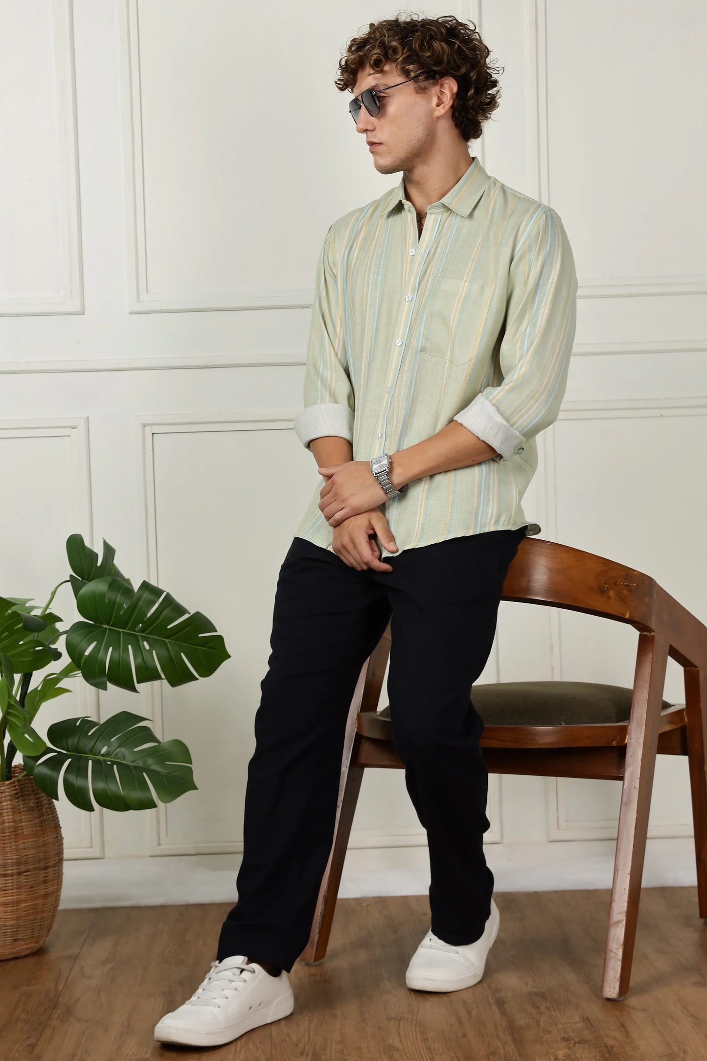 Pista stripe printed full sleeve linen shirt