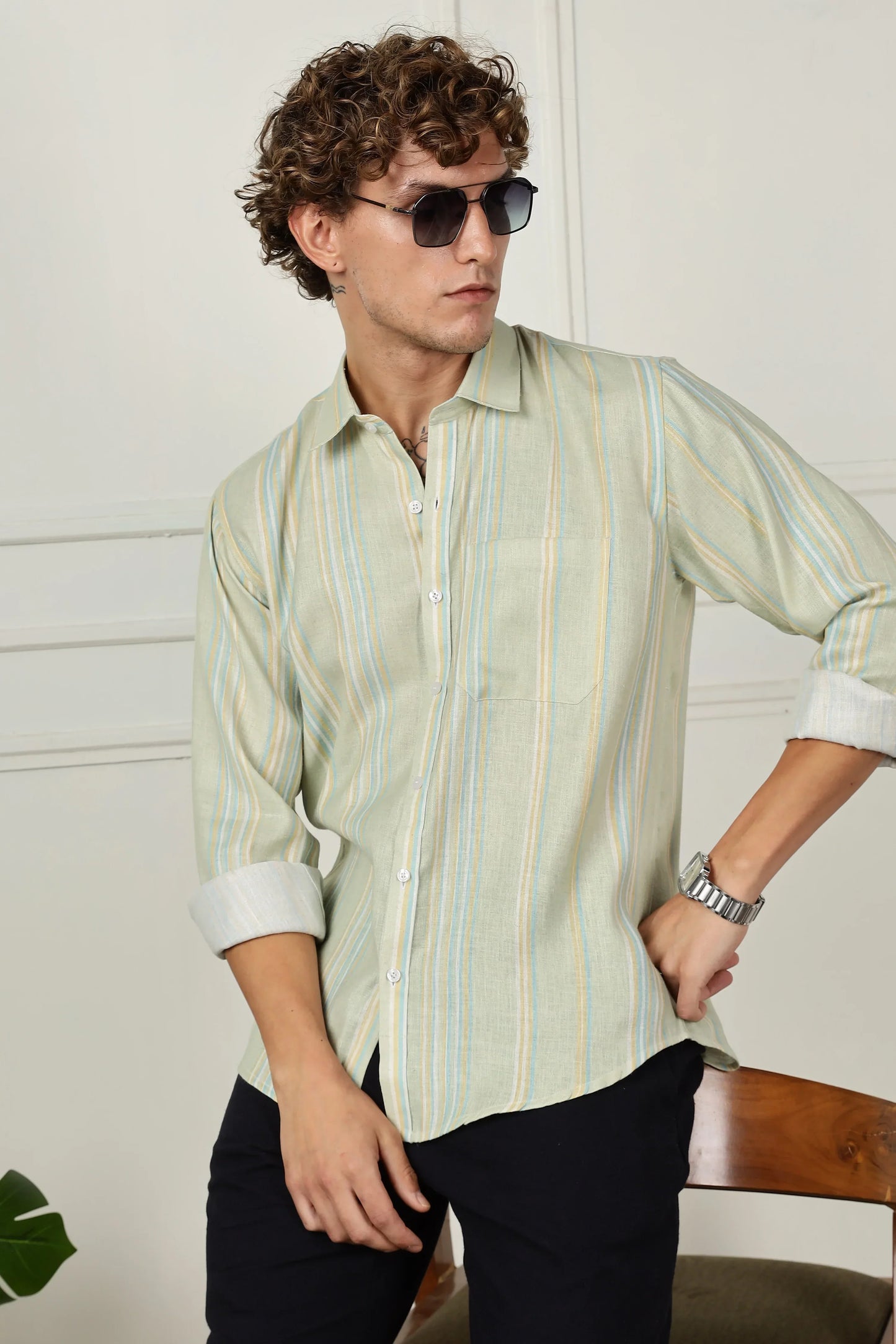 Pista stripe printed full sleeve linen shirt