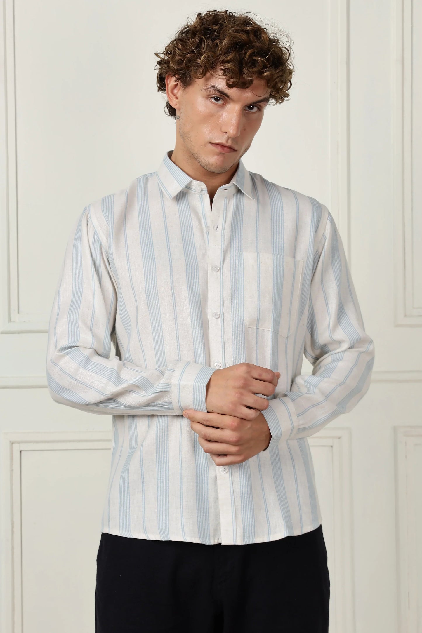 Skyblue stripe printed full sleeve linen shirt
