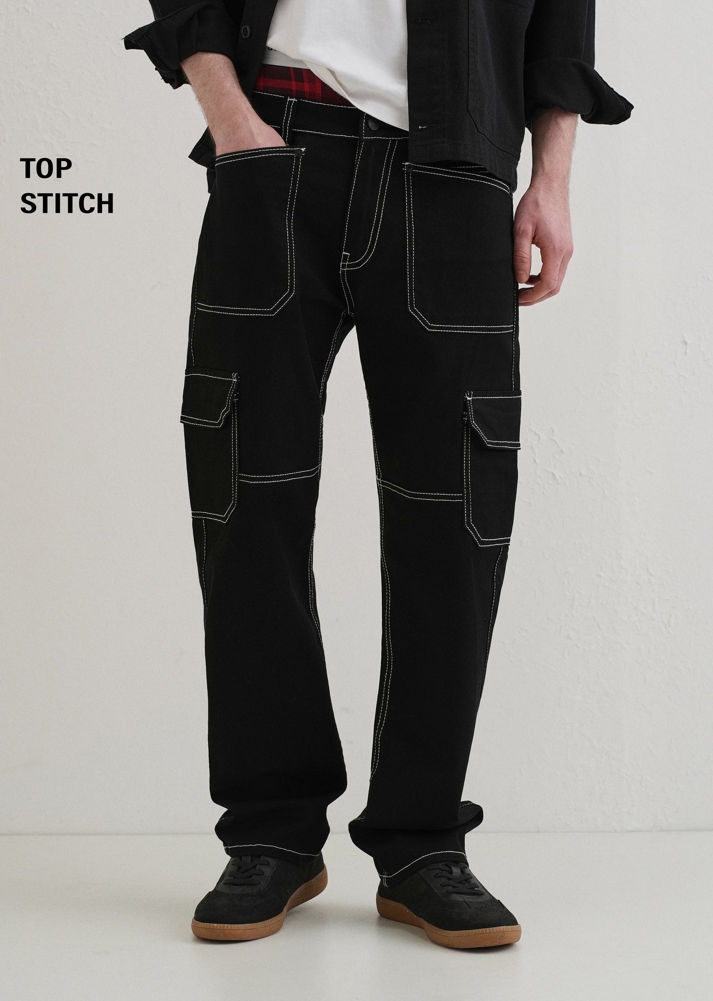 Top Stitched Black Denim Cargo