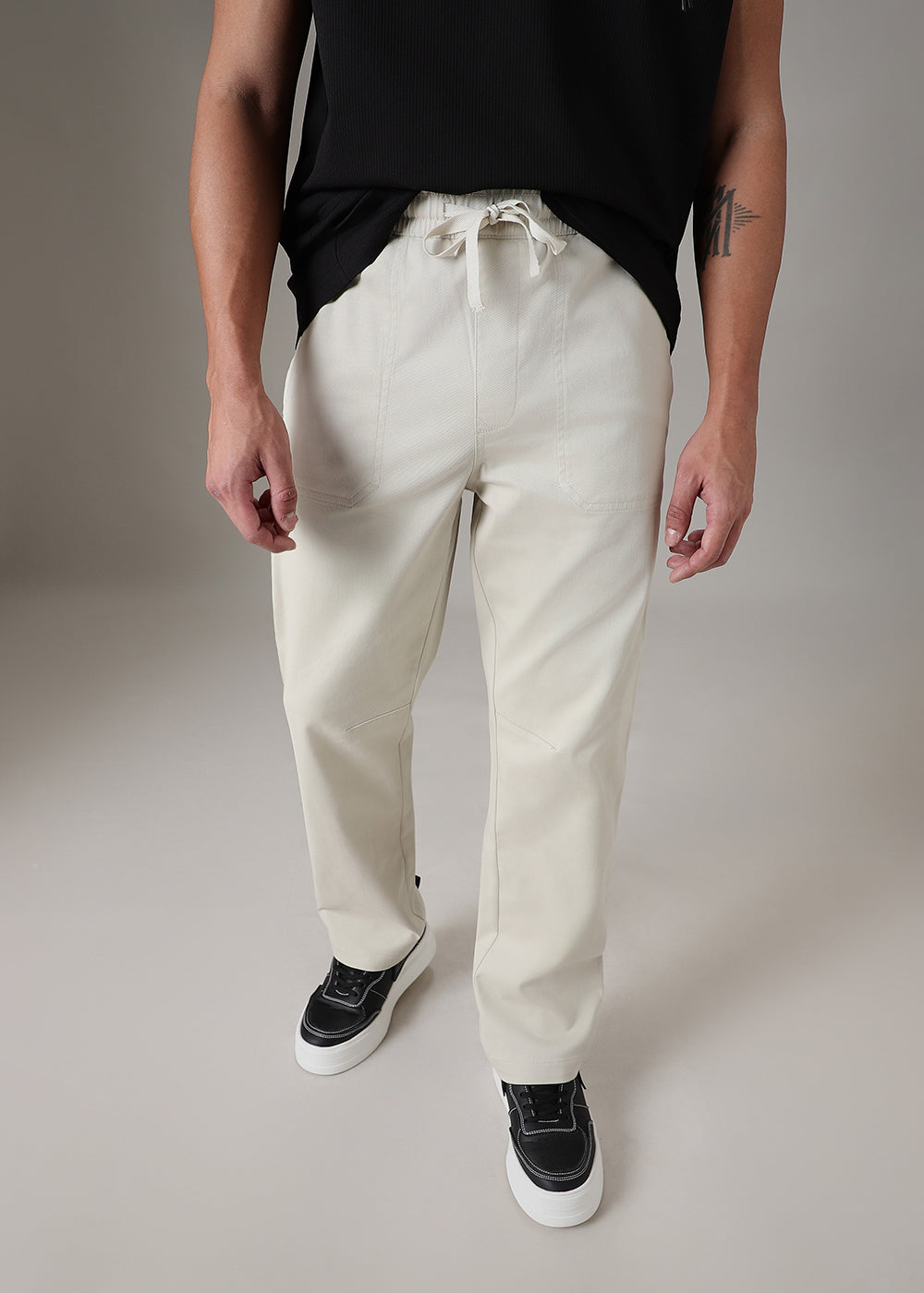 Cream Drawstring Denim