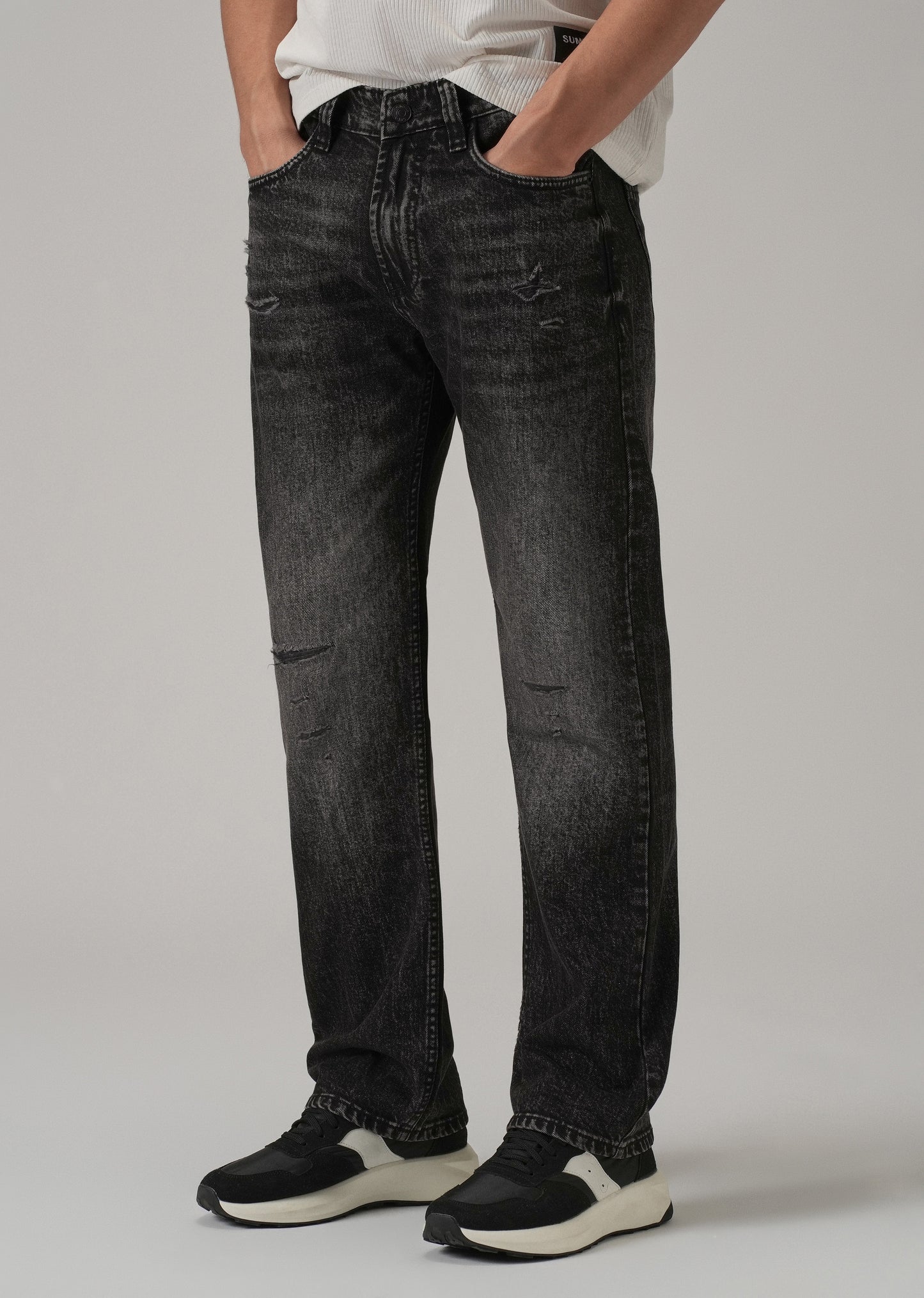 High Fade Ribbed Black Straight Fit Jeans