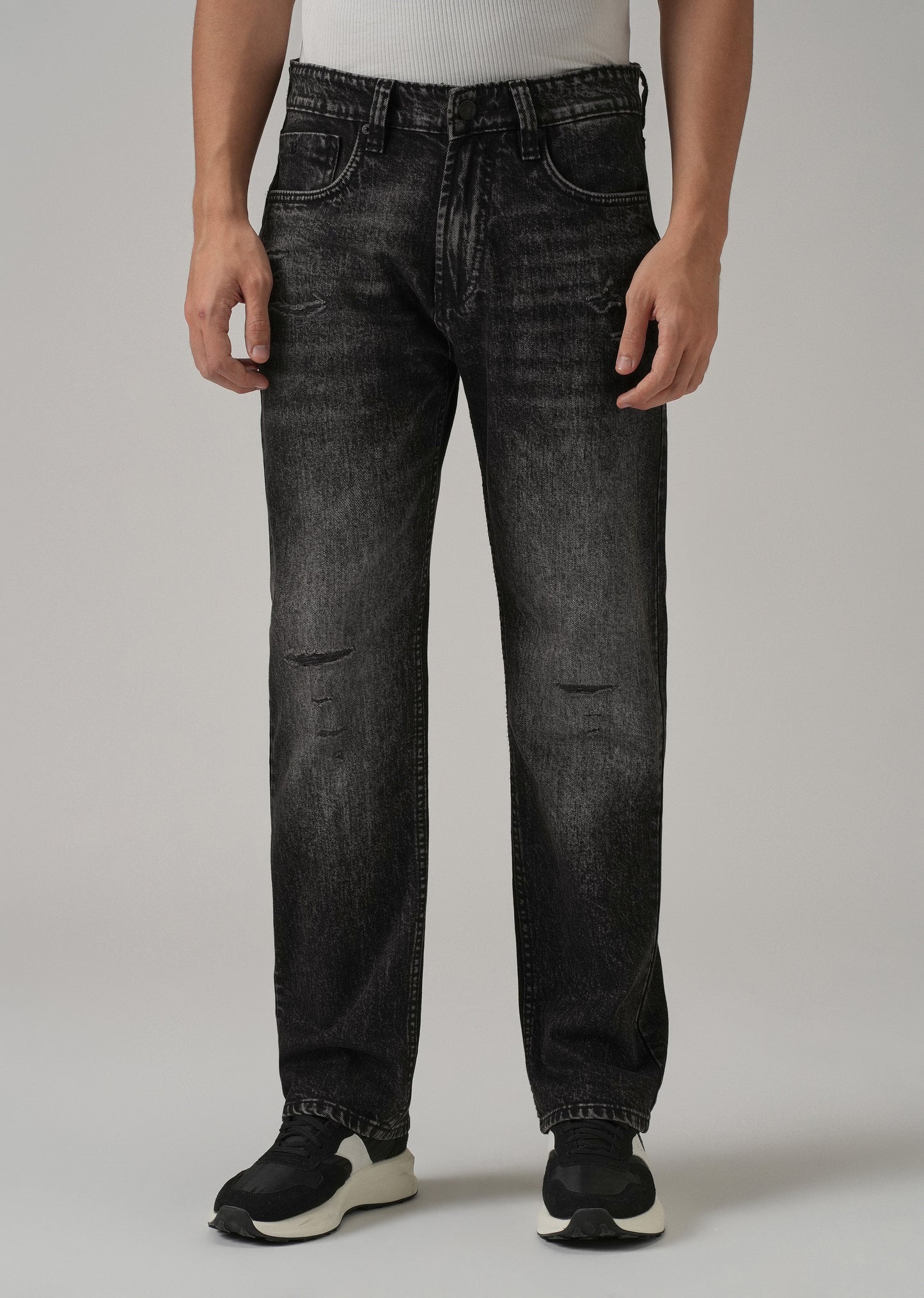 High Fade Ribbed Black Straight Fit Jeans
