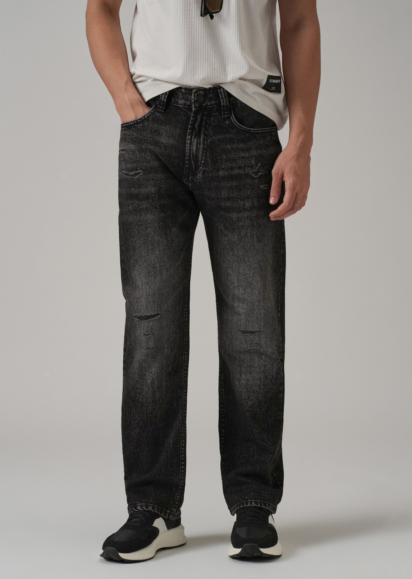 High Fade Ribbed Black Straight Fit Jeans