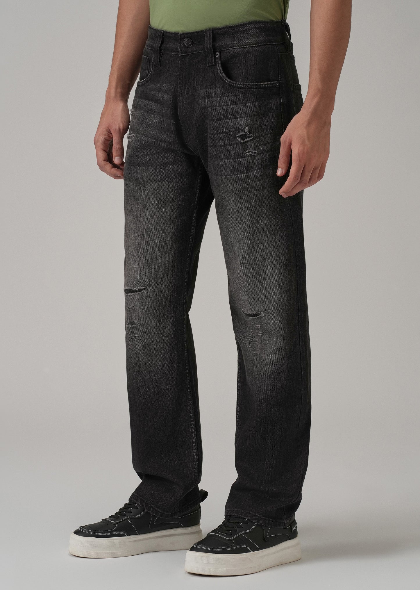 Mid Fade Ribbed Black Straight Fit Jeans