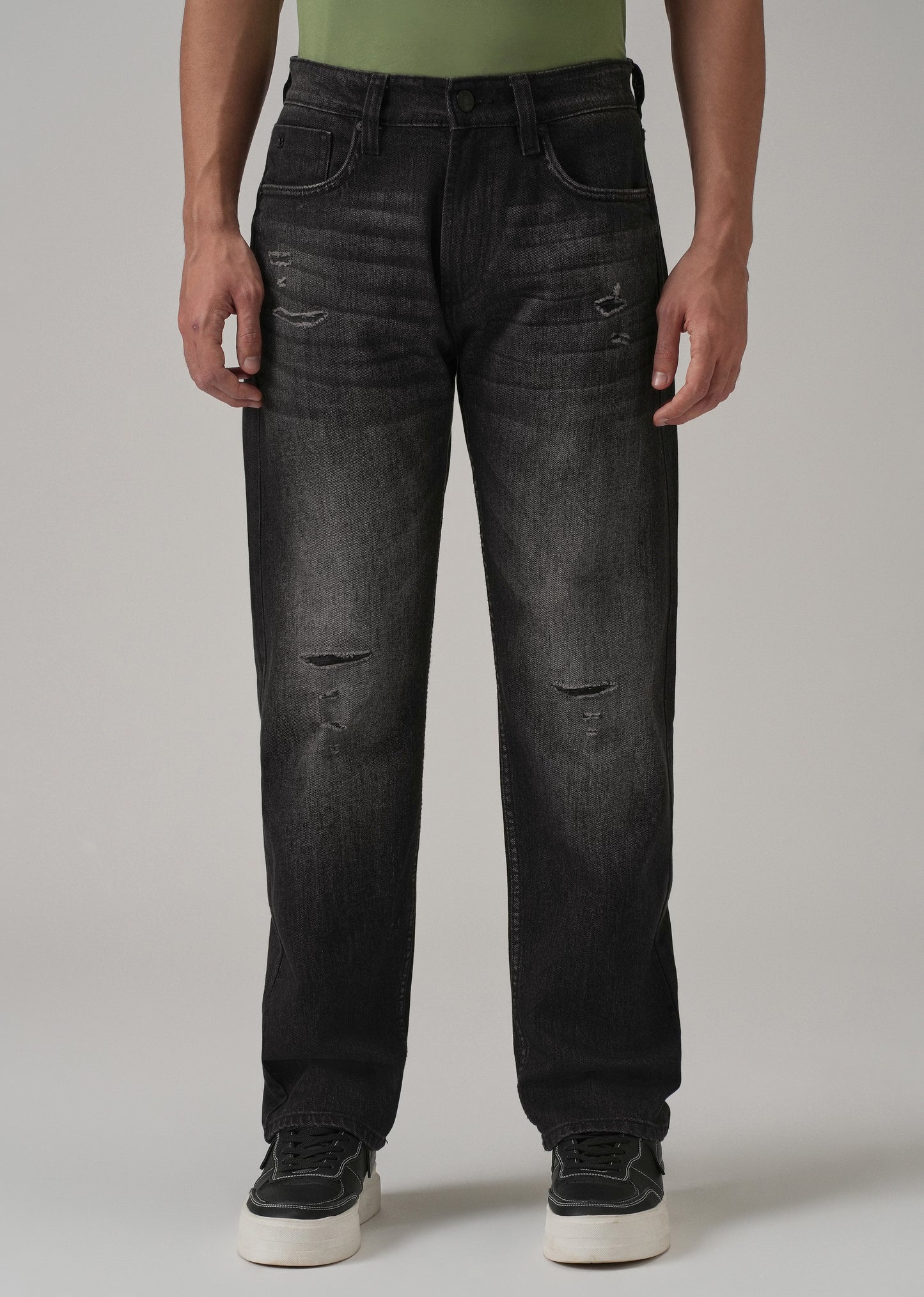 Mid Fade Ribbed Black Straight Fit Jeans