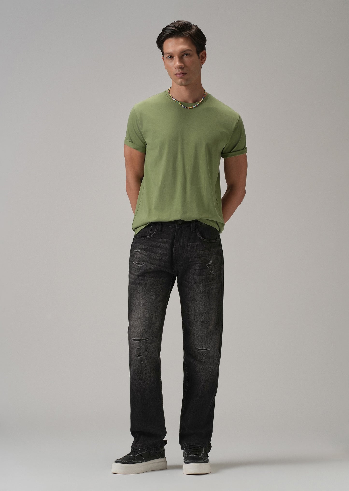 Mid Fade Ribbed Black Straight Fit Jeans