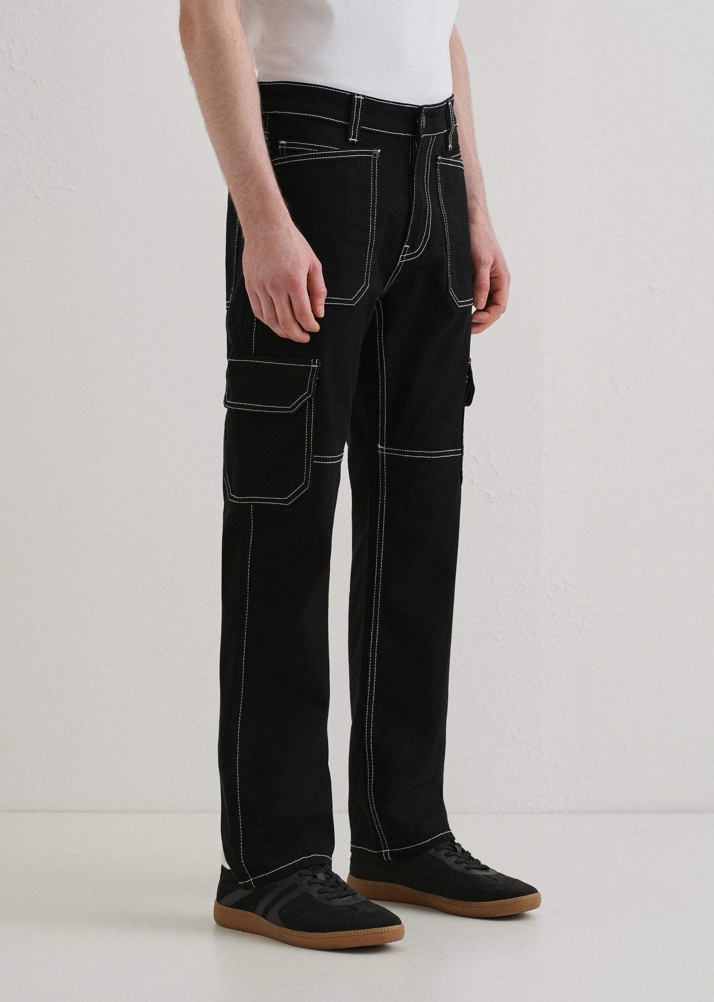 Top Stitched Black Denim Cargo