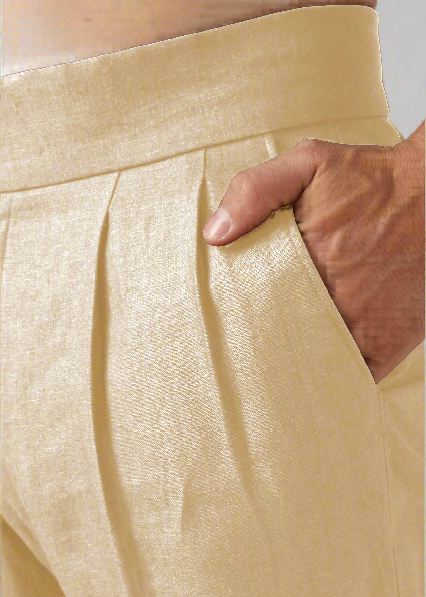 Liv - Pure Linen Double Pleated with Overlap Button Detail Trousers - Cappuccino Beige