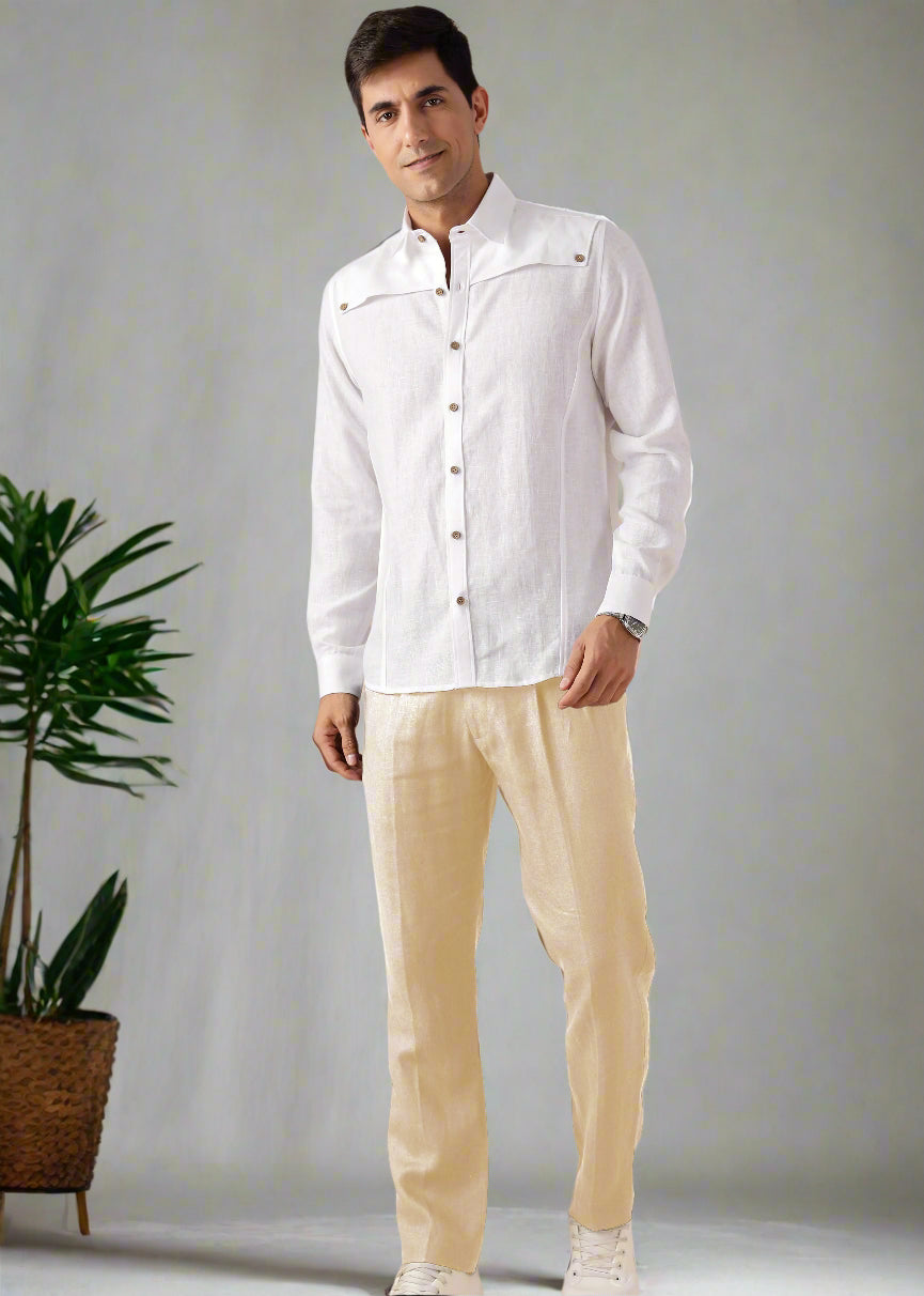 Liv - Pure Linen Double Pleated with Overlap Button Detail Trousers - Cappuccino Beige