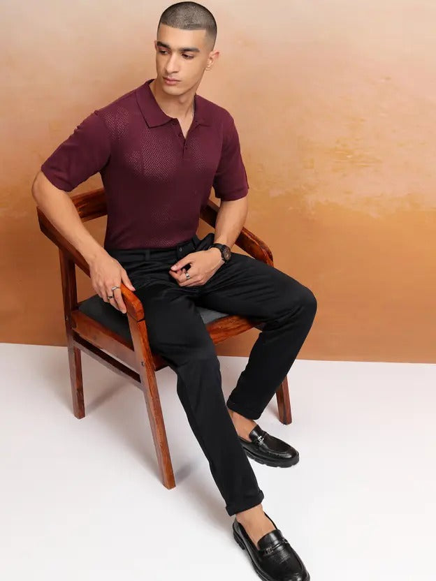 Men's Self-Design Polo Neck Cotton Blend T-Shirt – Brown