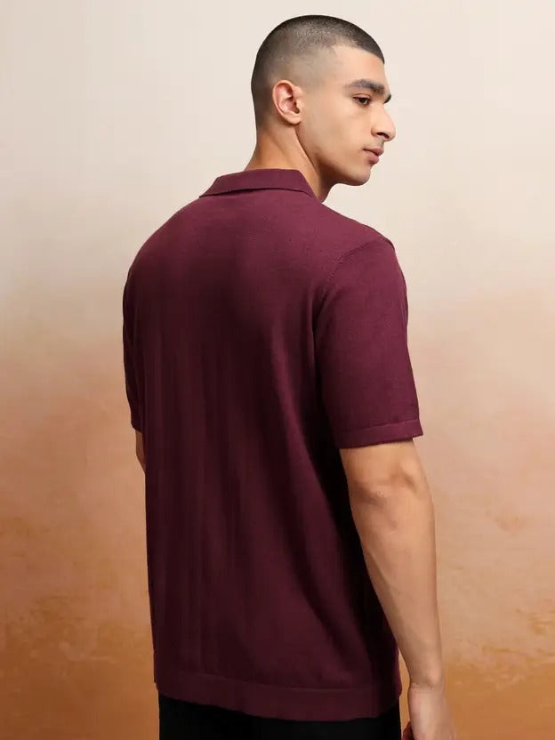 Men's Self-Design Polo Neck Cotton Blend T-Shirt – Brown