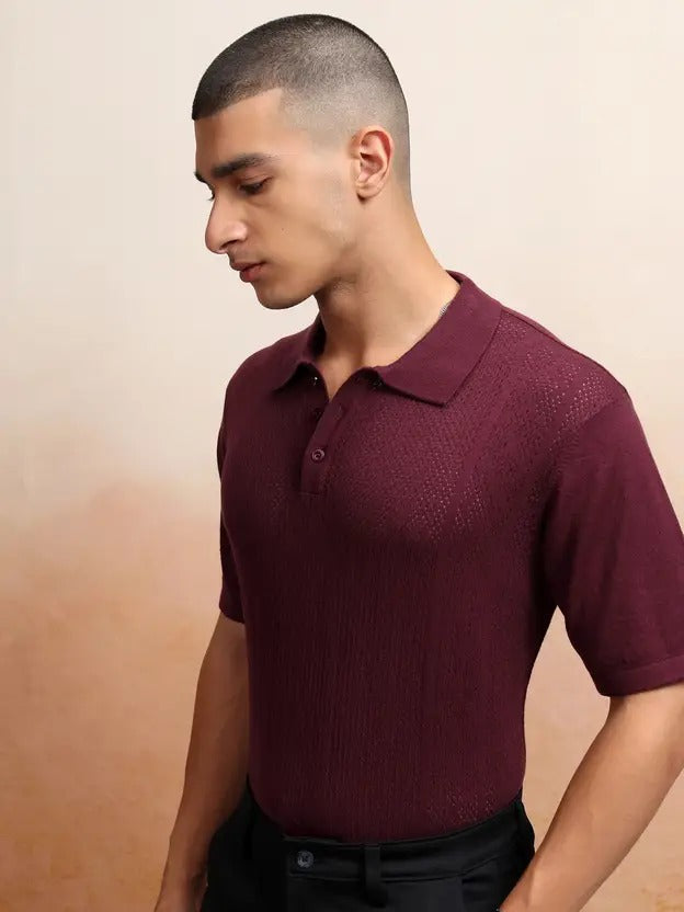 Men's Self-Design Polo Neck Cotton Blend T-Shirt – Brown