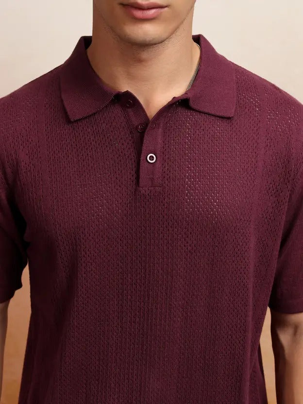 Men's Self-Design Polo Neck Cotton Blend T-Shirt – Brown