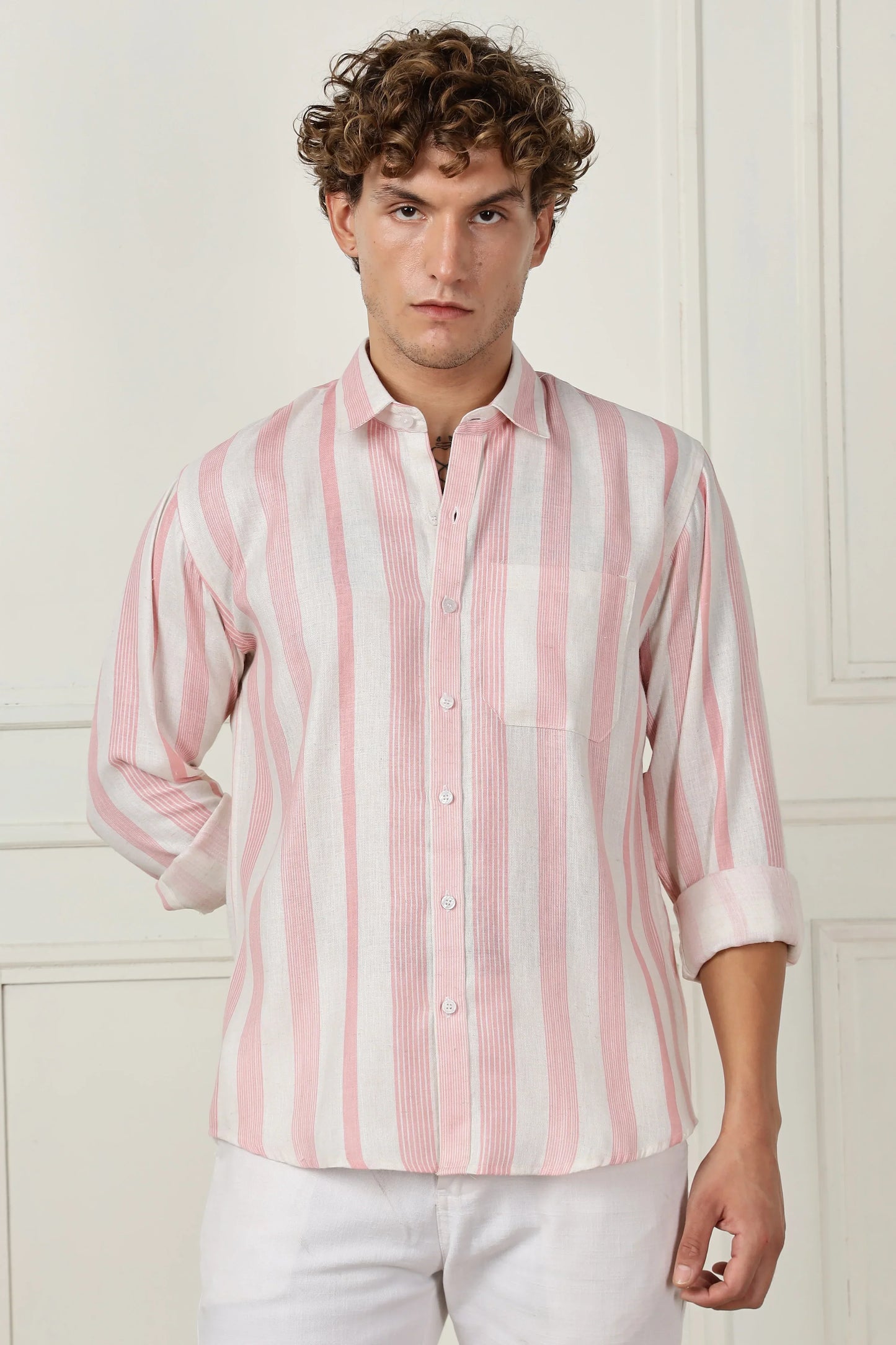 Pink stripe printed full sleeve linen shirt