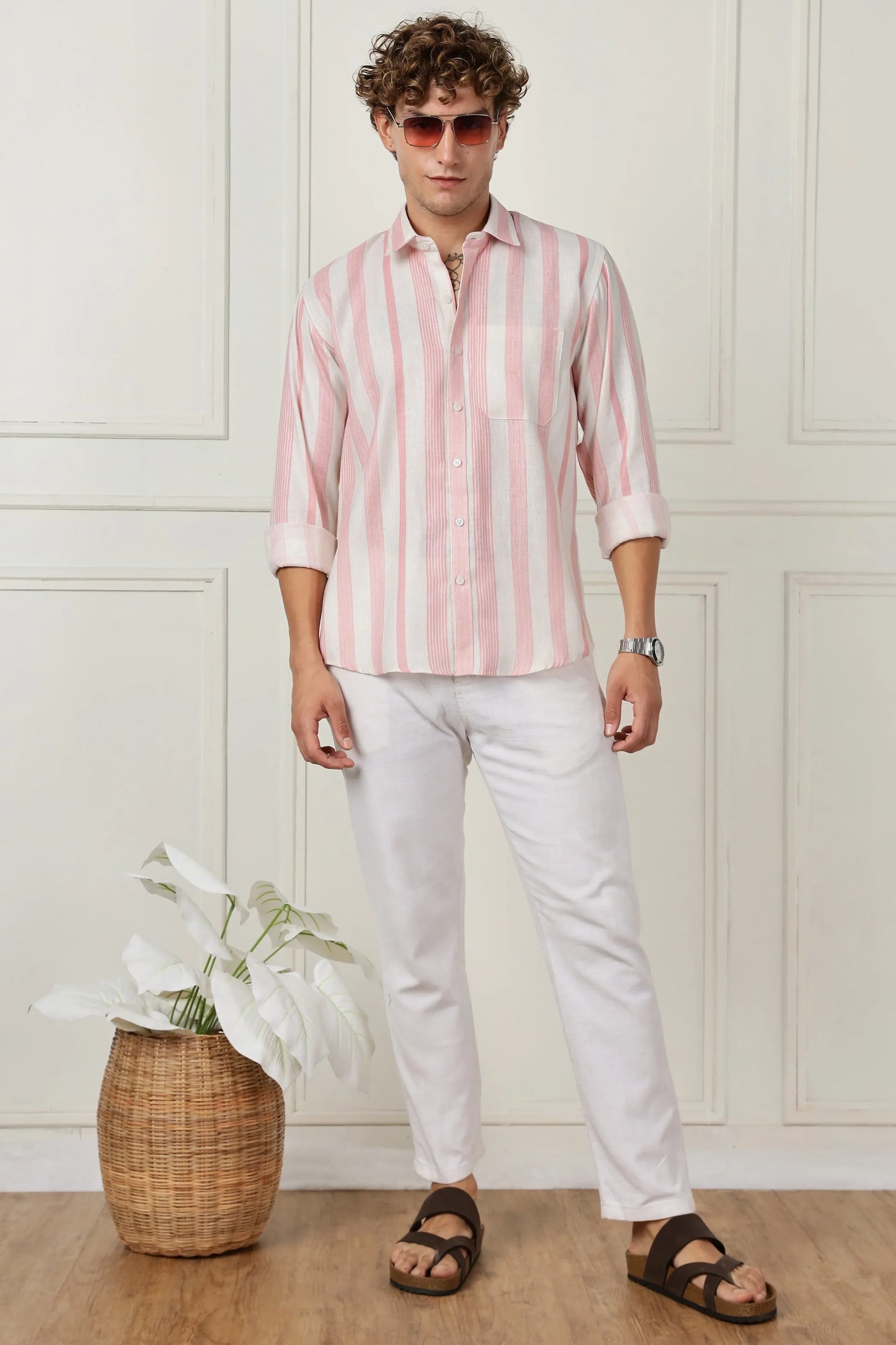 Pink stripe printed full sleeve linen shirt