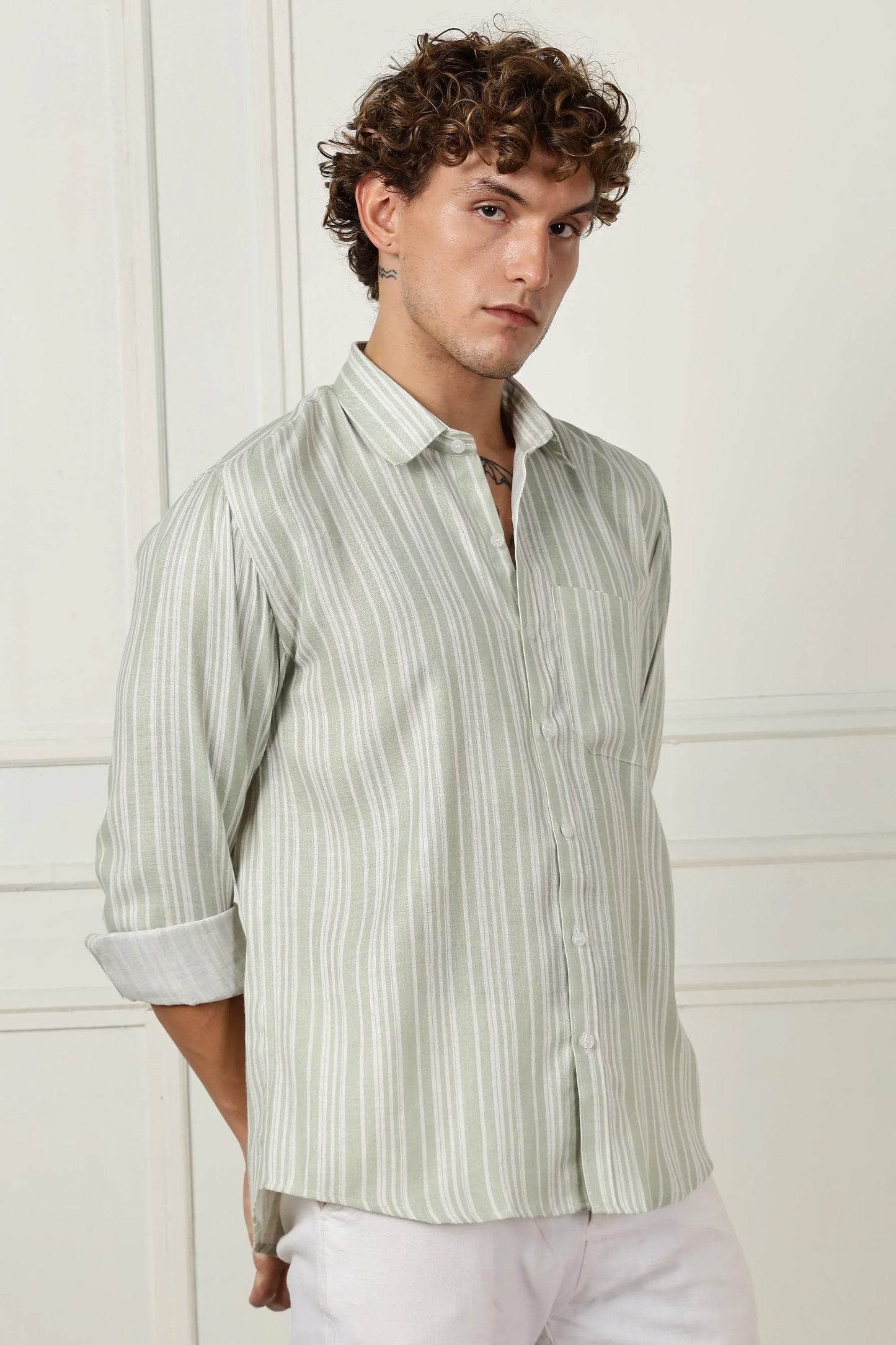 parrot green stripe printed full sleeve linen shirt