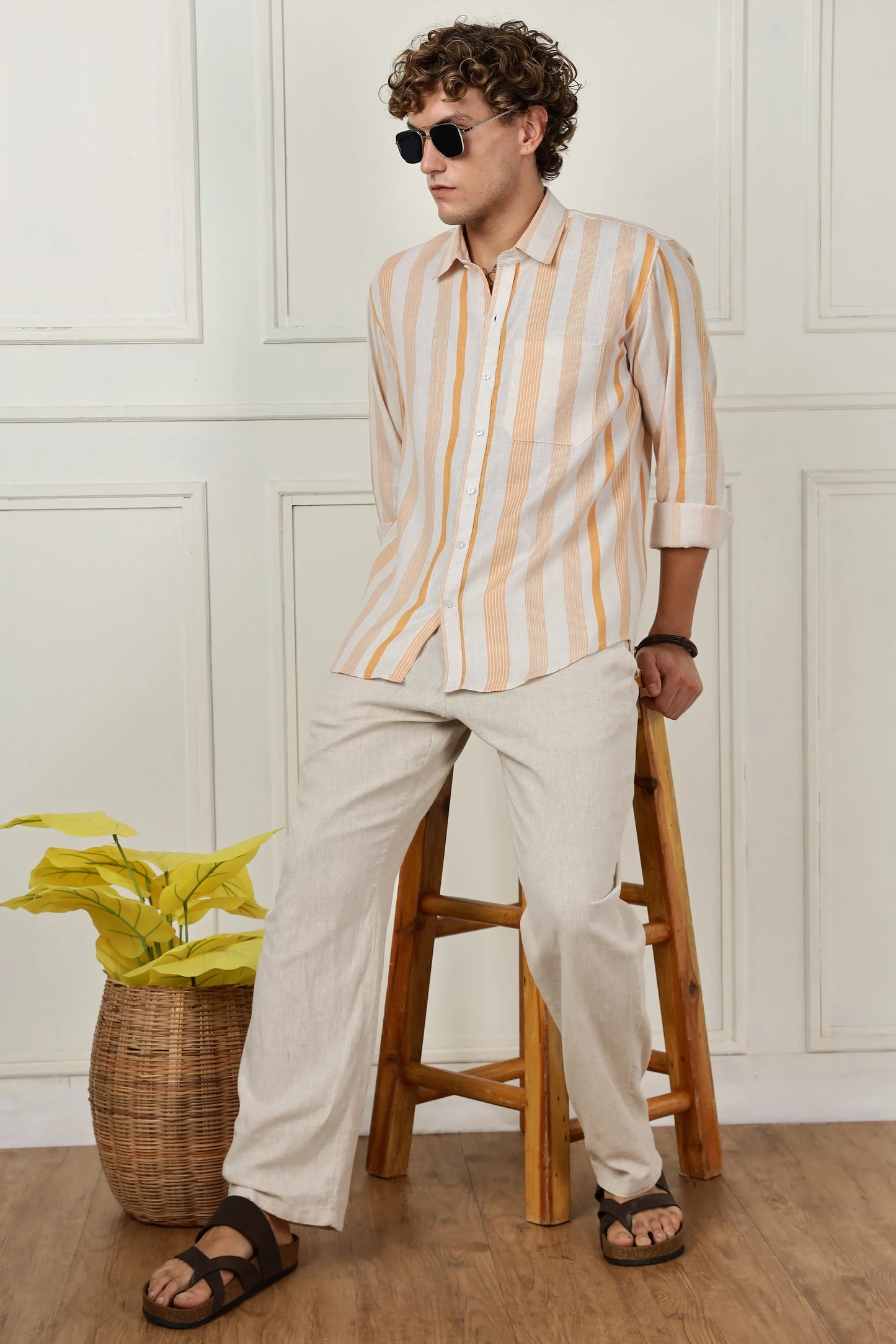 Orange stripe printed full sleeve linen shirt