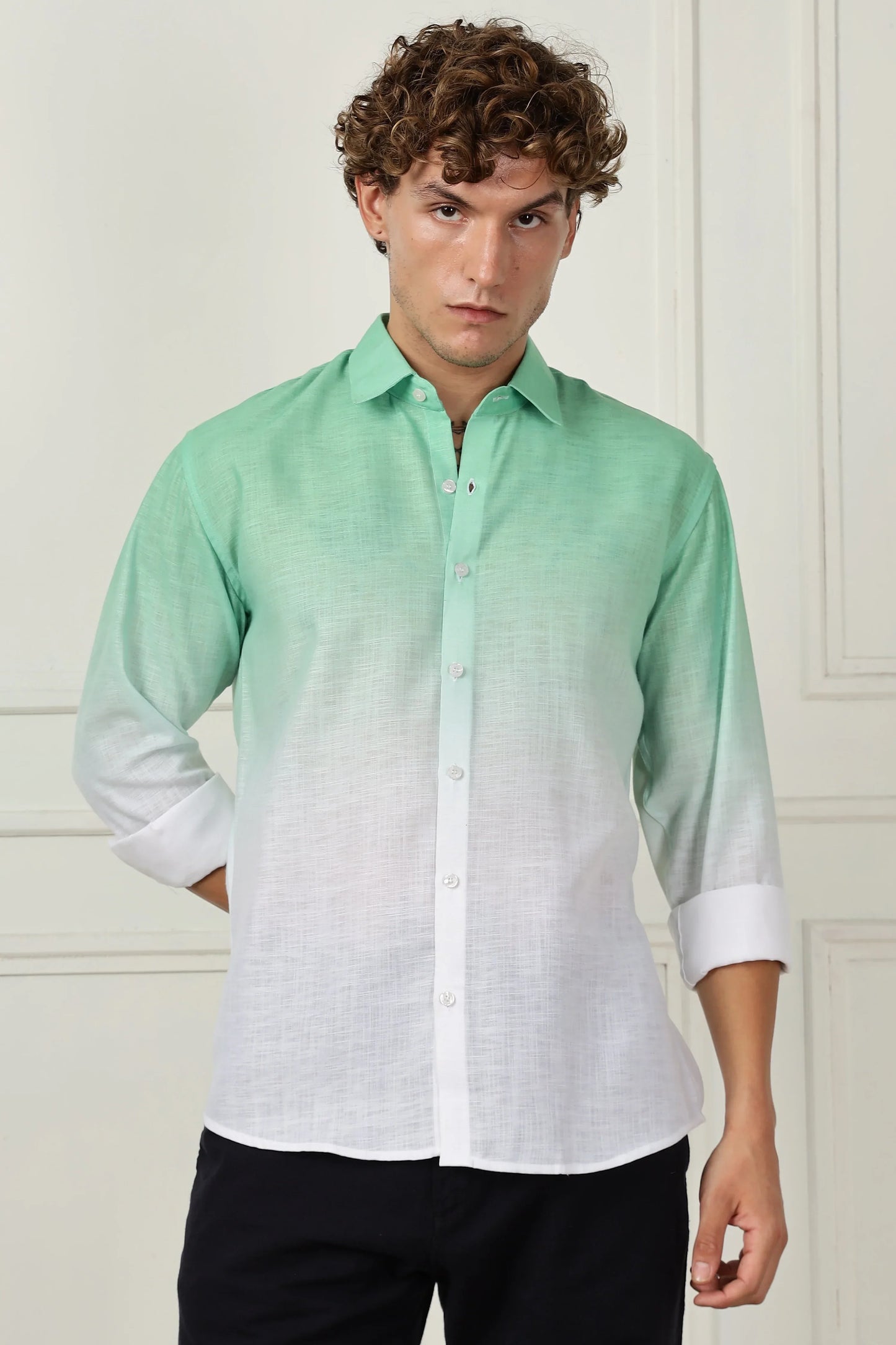 Mint green ombre full sleeve linen shirt