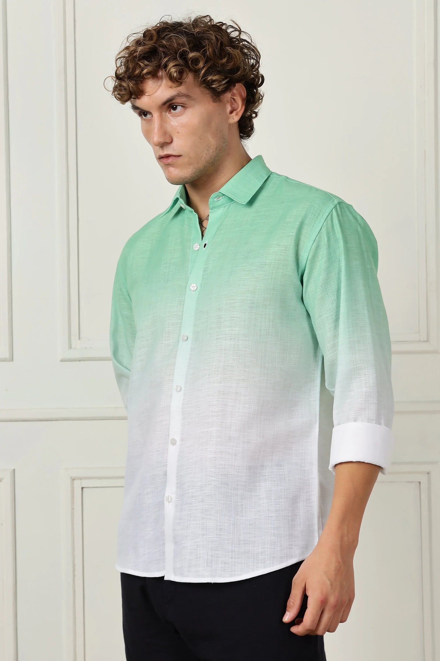 Mint green ombre full sleeve linen shirt
