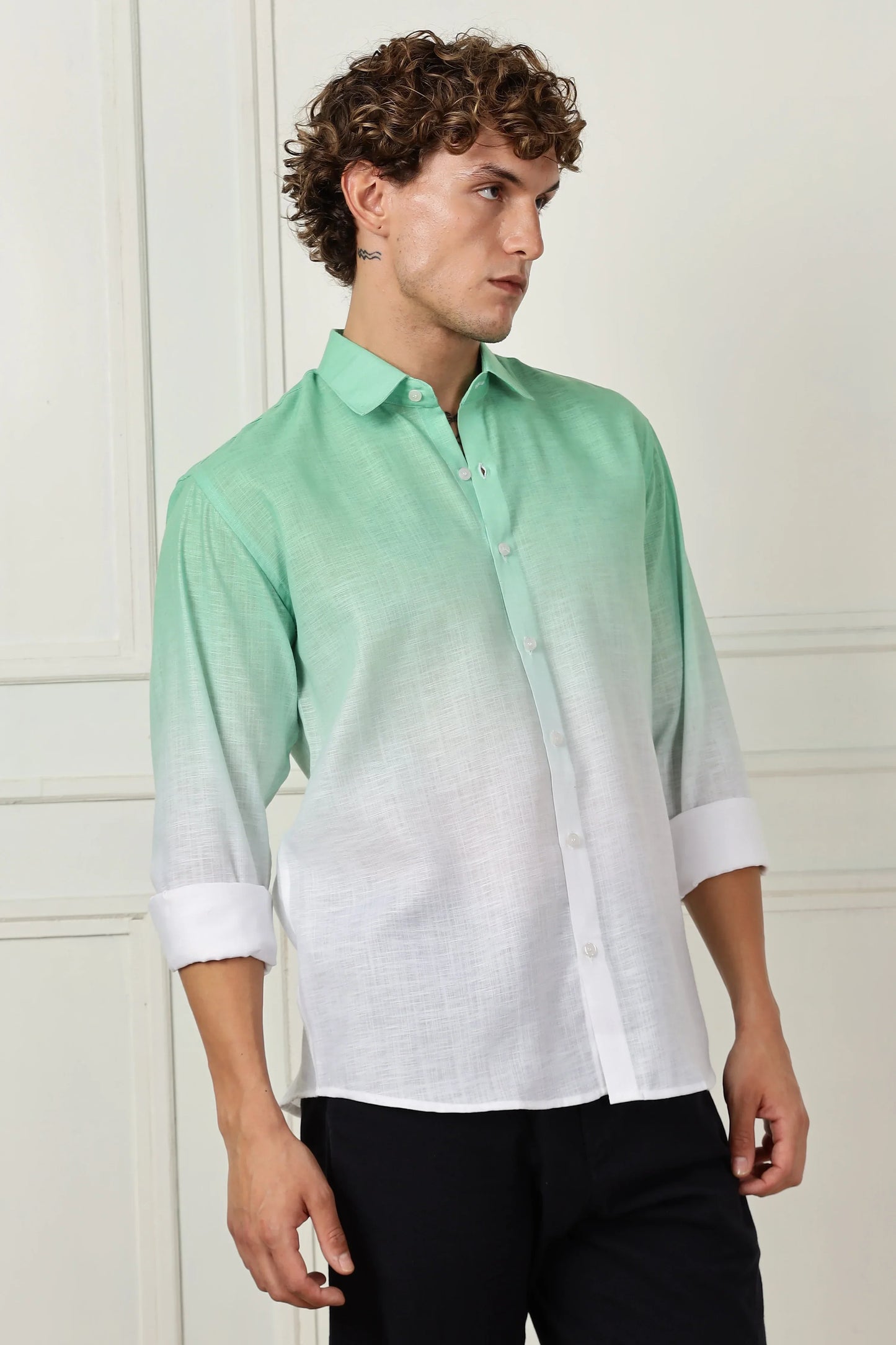 Mint green ombre full sleeve linen shirt