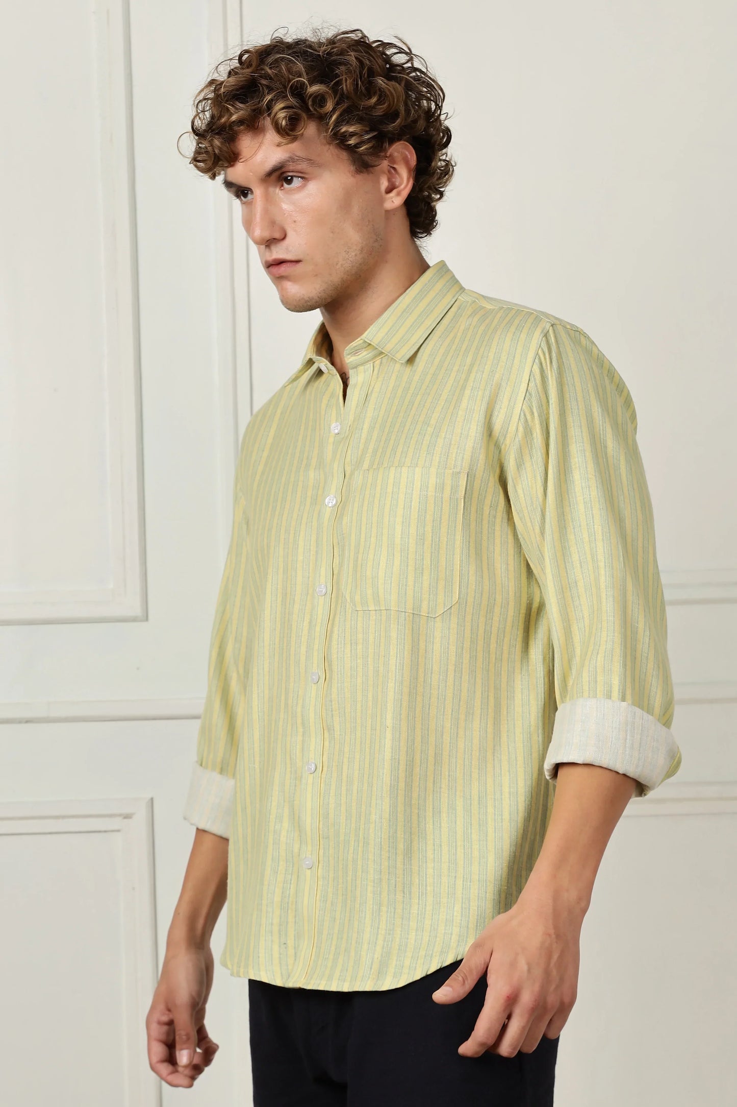 Mustard stripe printed full sleeve linen shirt