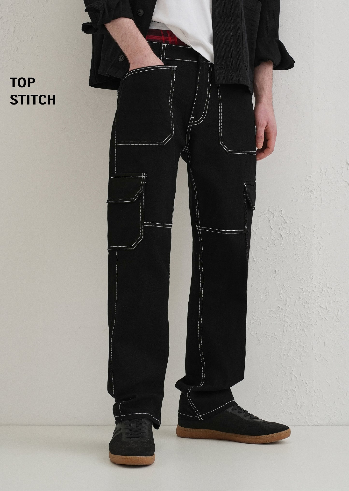 Top Stitched Black Denim Cargo