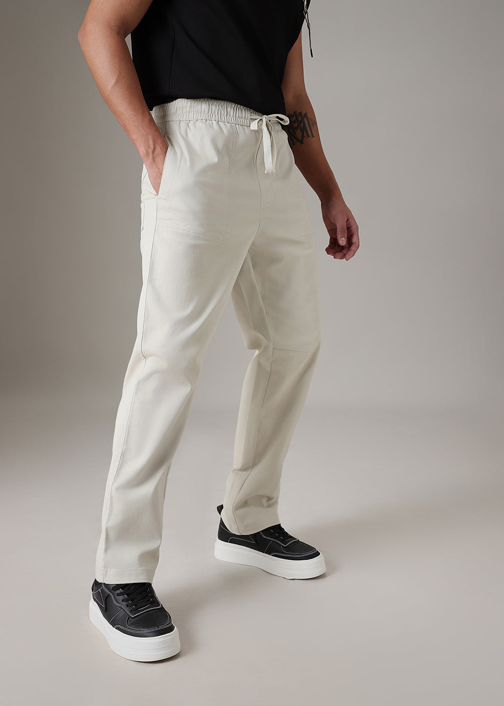 Cream Drawstring Denim