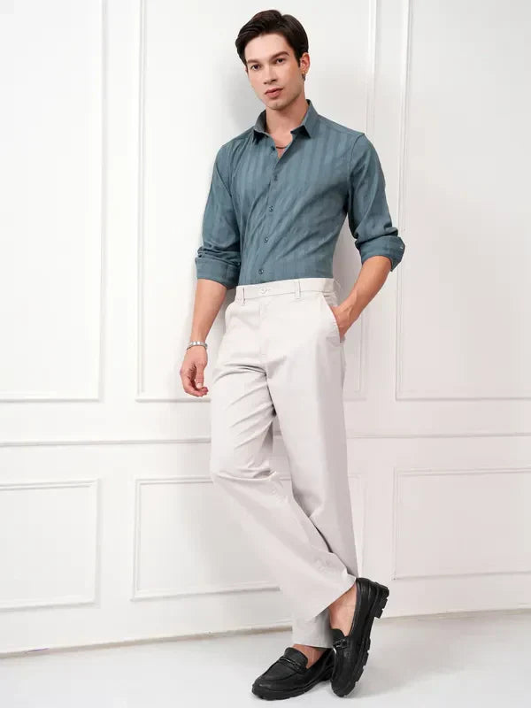 Highlander Men Teal Striped Slim Fit Casual Shirt