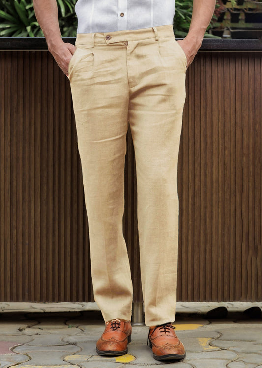 Hal Classic Pleated Pure Linen Trousers - Cappuccino Beige