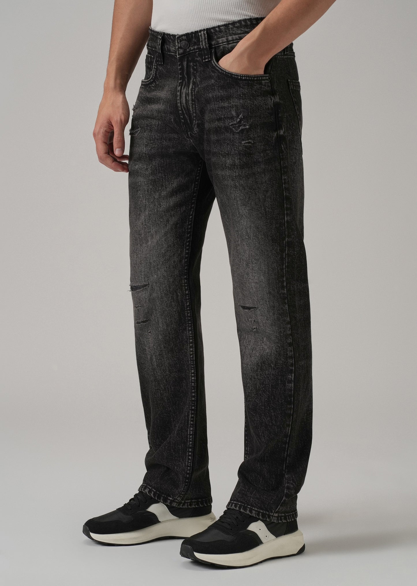 High Fade Ribbed Black Straight Fit Jeans