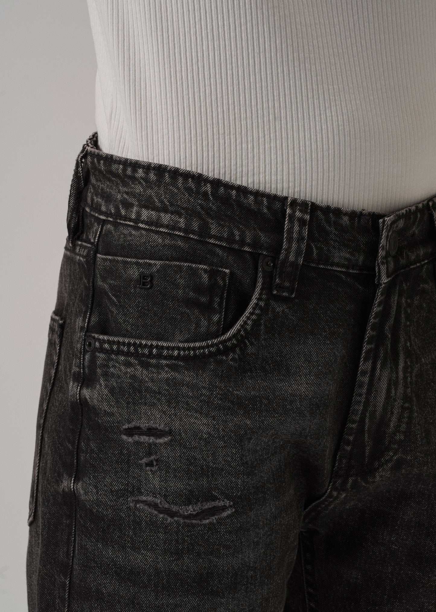 High Fade Ribbed Black Straight Fit Jeans