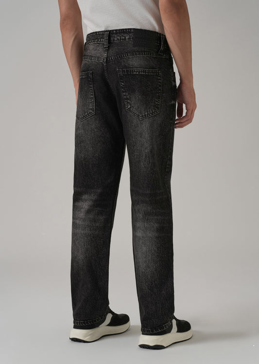 High Fade Ribbed Black Straight Fit Jeans
