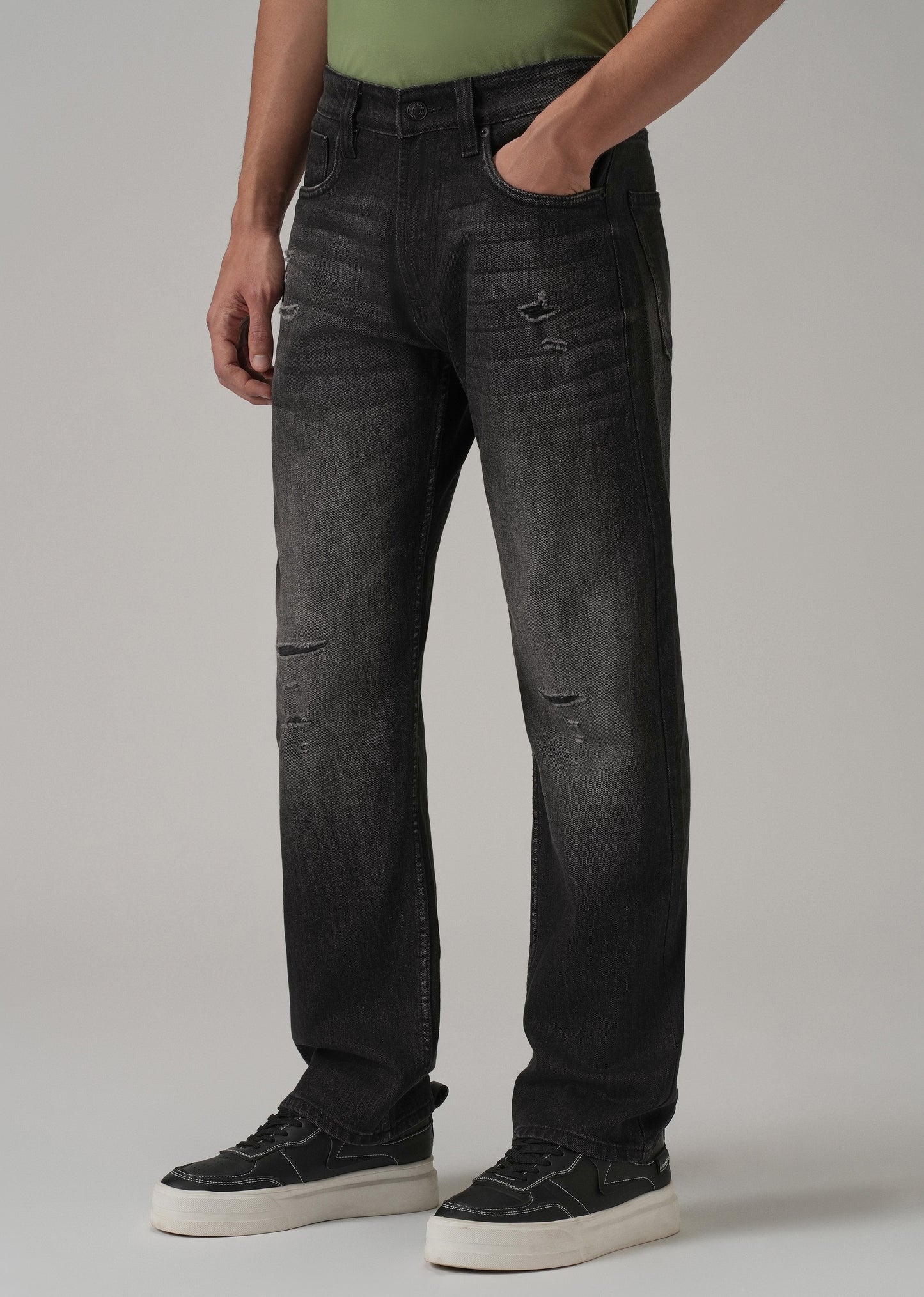 Mid Fade Ribbed Black Straight Fit Jeans