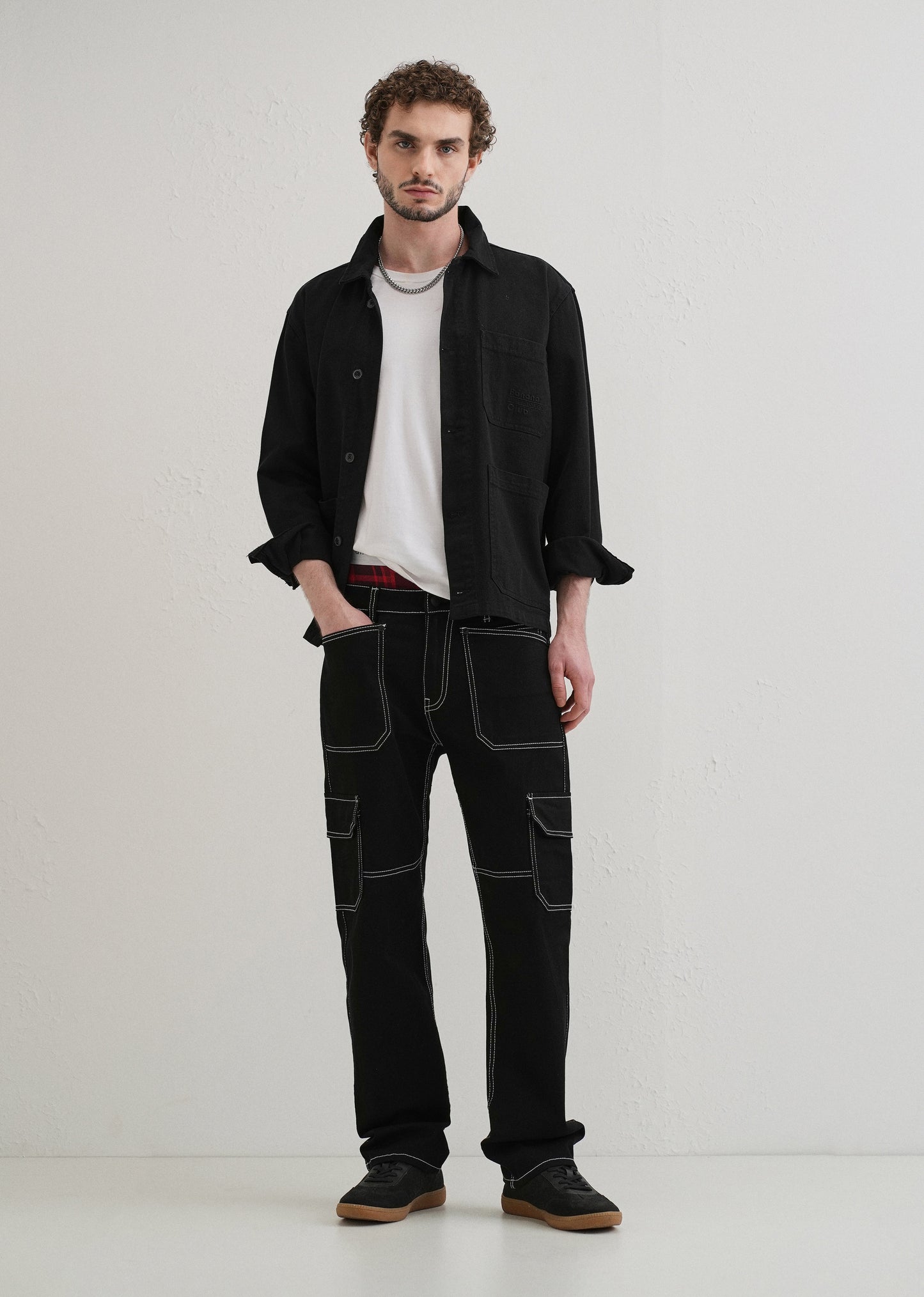 Top Stitched Black Denim Cargo