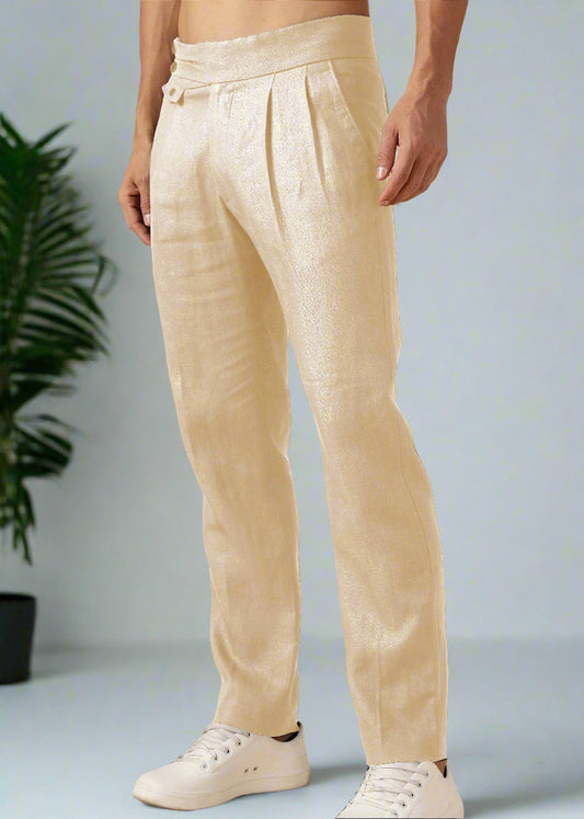 Liv - Pure Linen Double Pleated with Overlap Button Detail Trousers - Cappuccino Beige